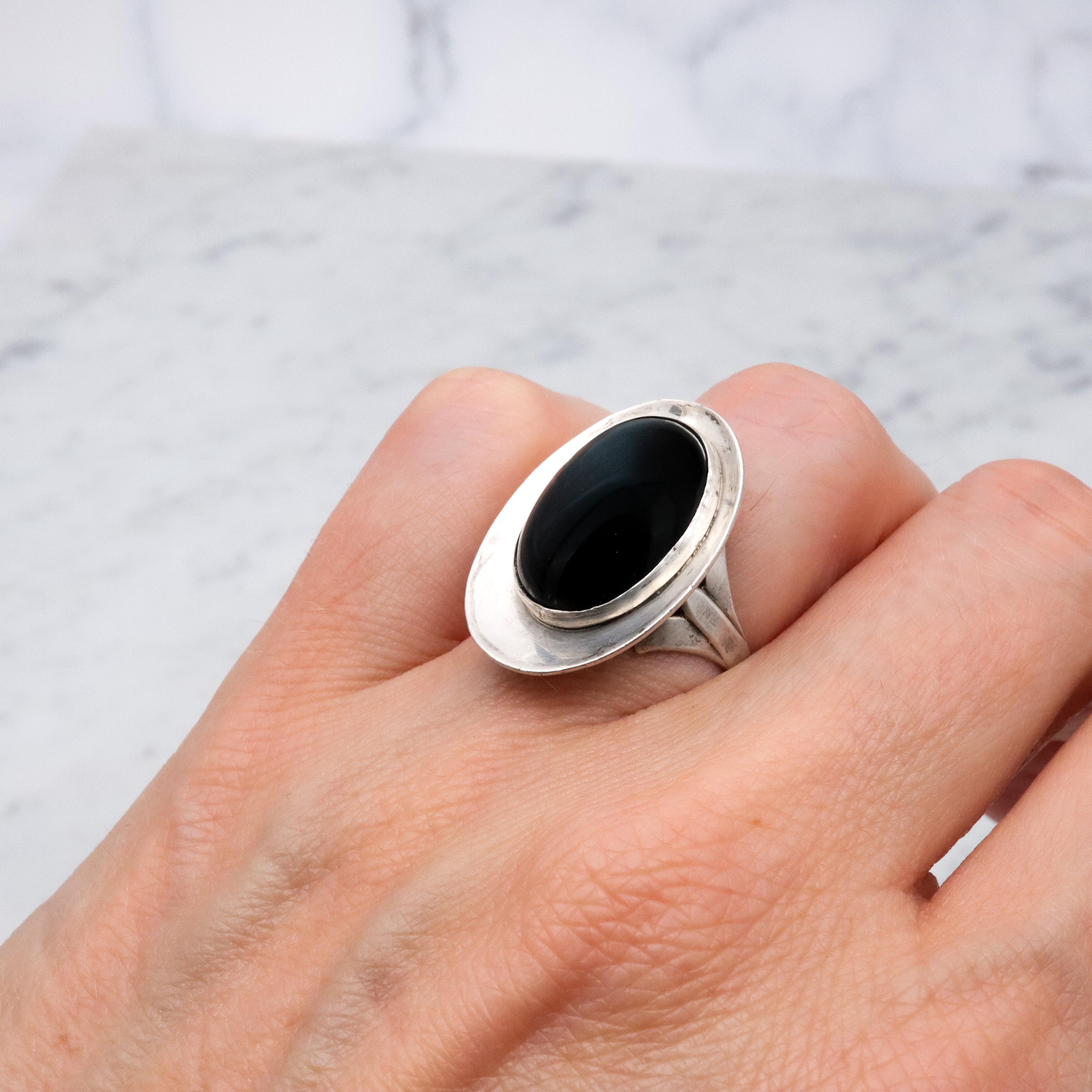 Antique Art Deco onyx sterling ring, size 6