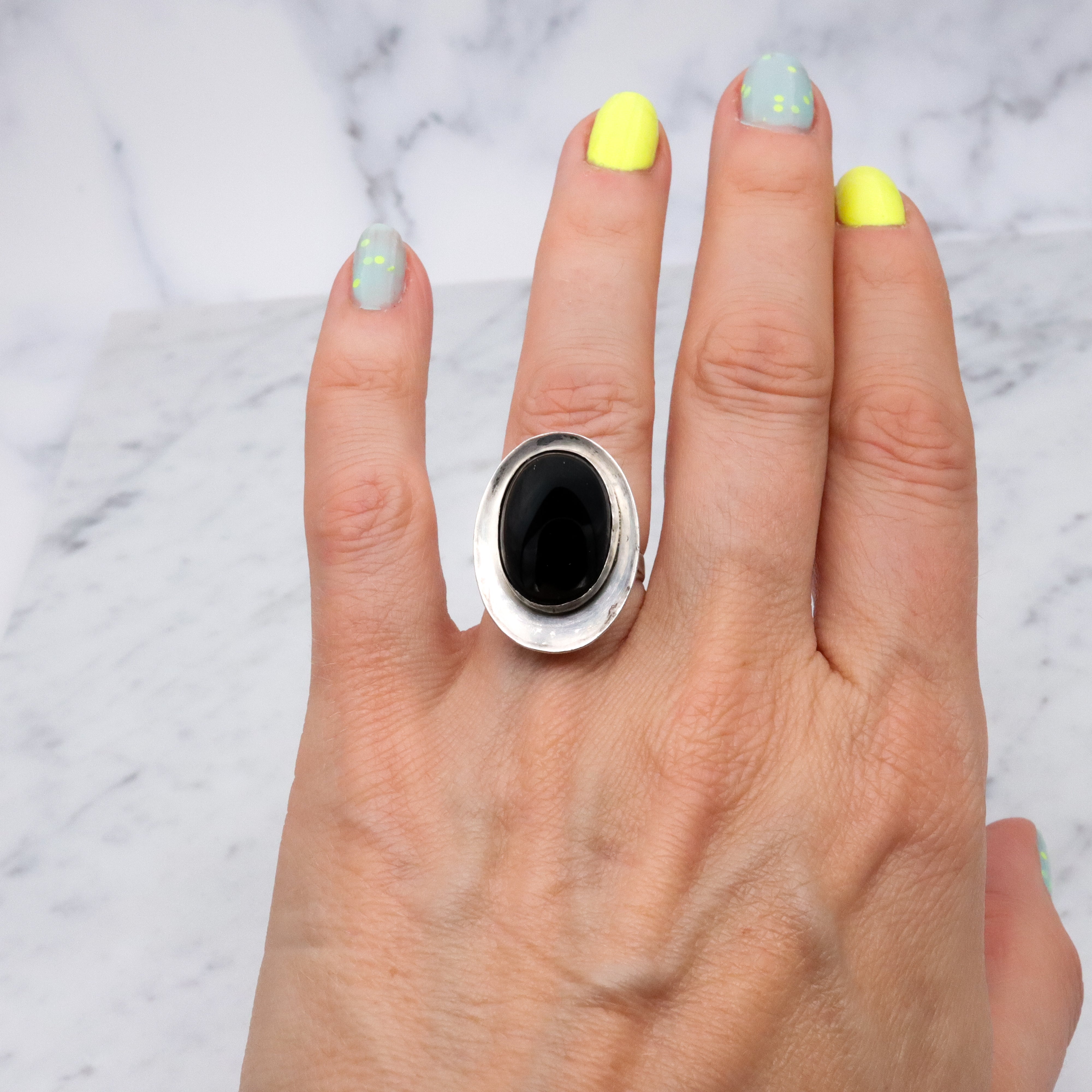 Antique Art Deco onyx sterling ring, size 6