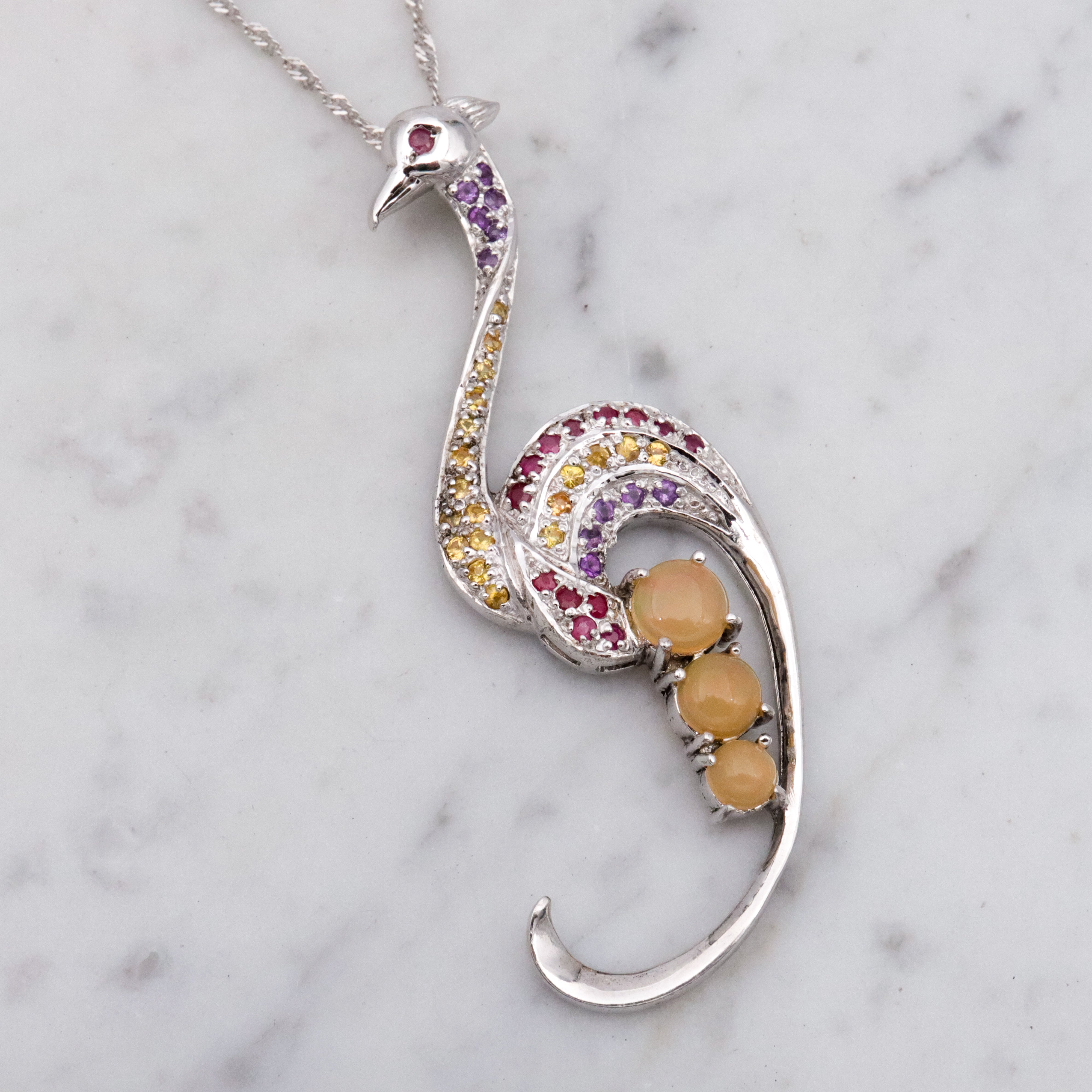 Vintage sterling peacock ruby, citrine, amethyst, opal pendant on singapore chain