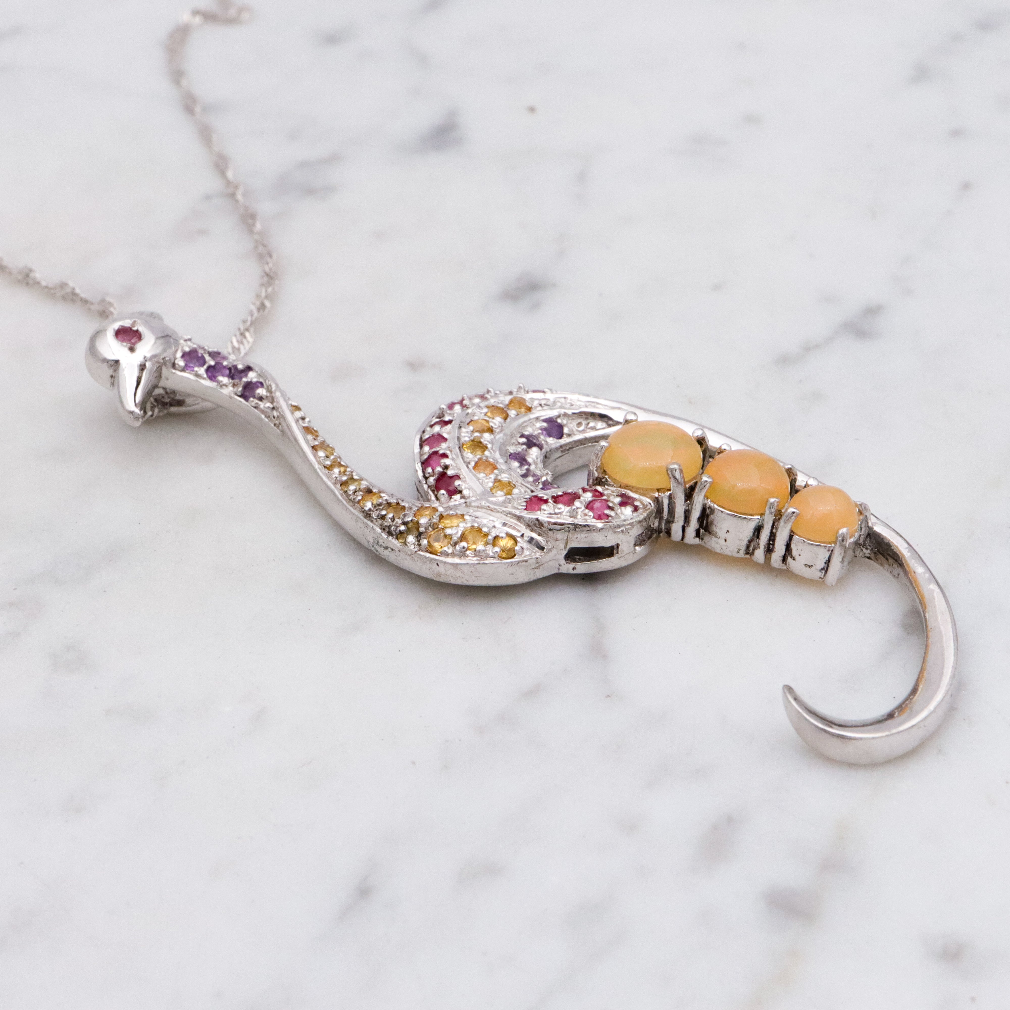 Vintage sterling peacock ruby, citrine, amethyst, opal pendant on singapore chain