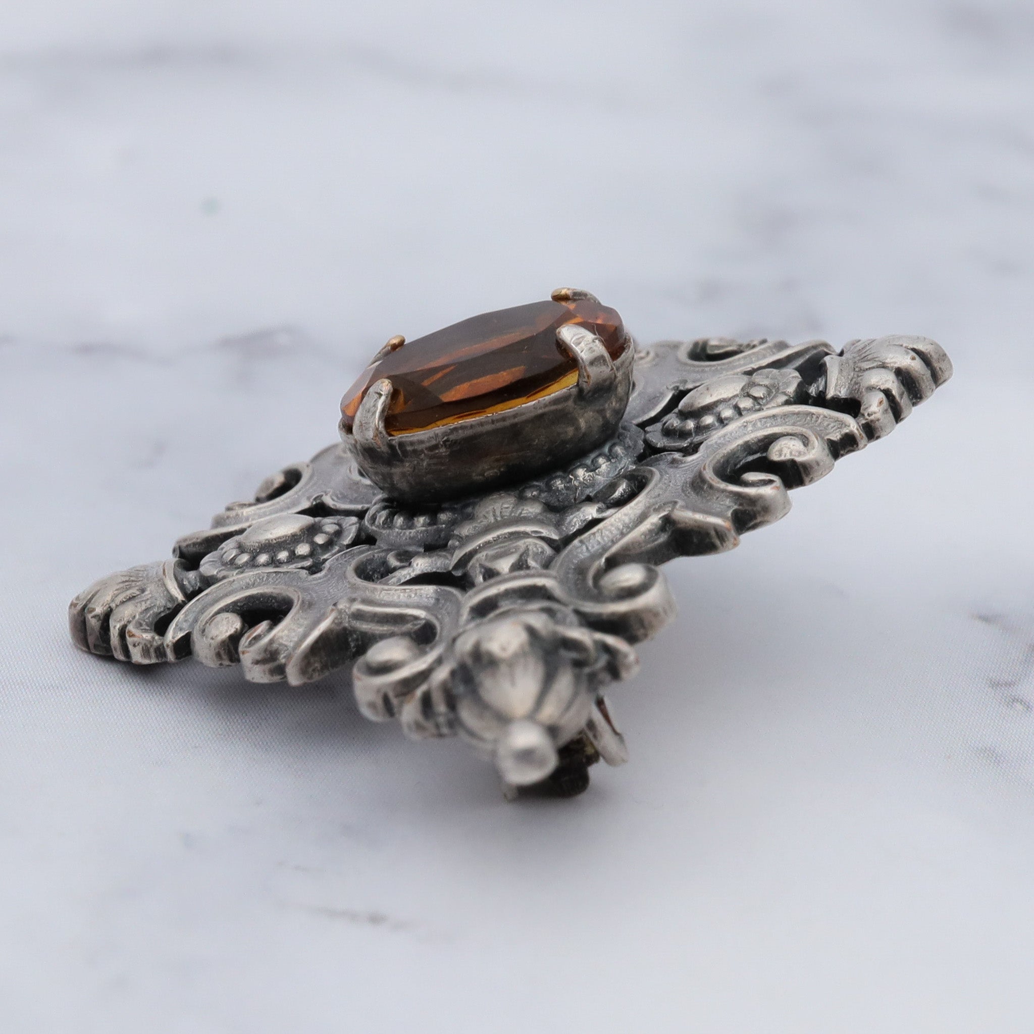Vintage Renaissance revival style silver plated citrine brooch