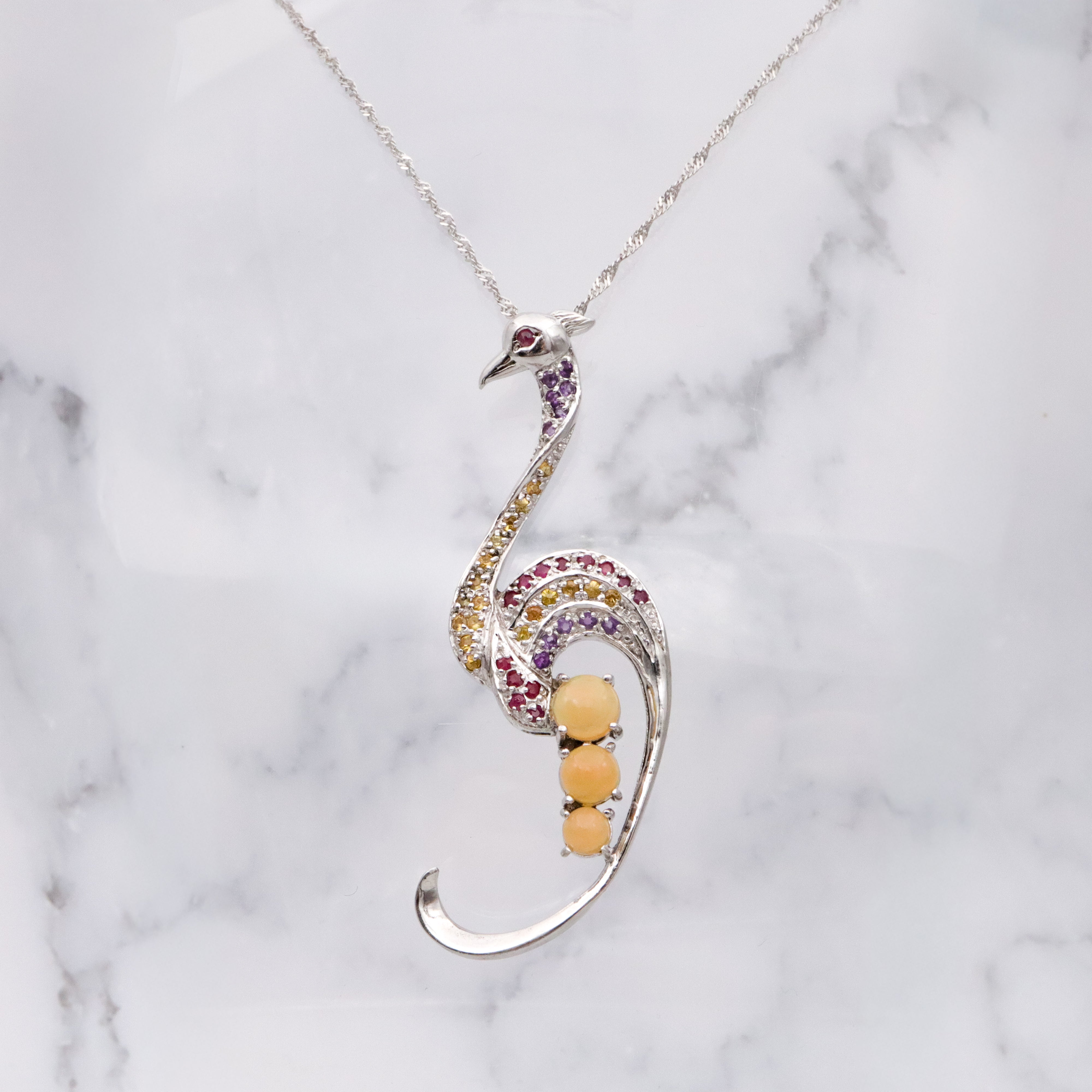 Vintage sterling peacock ruby, citrine, amethyst, opal pendant on singapore chain