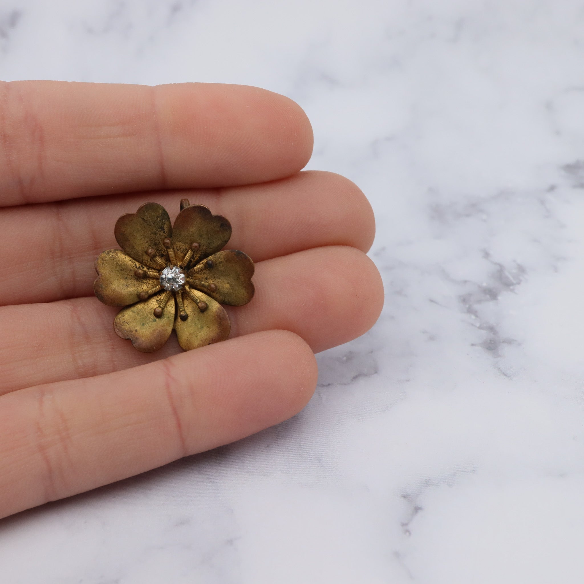 Antique Victorian painted brass & rhinestone flower brooch with pendant loop