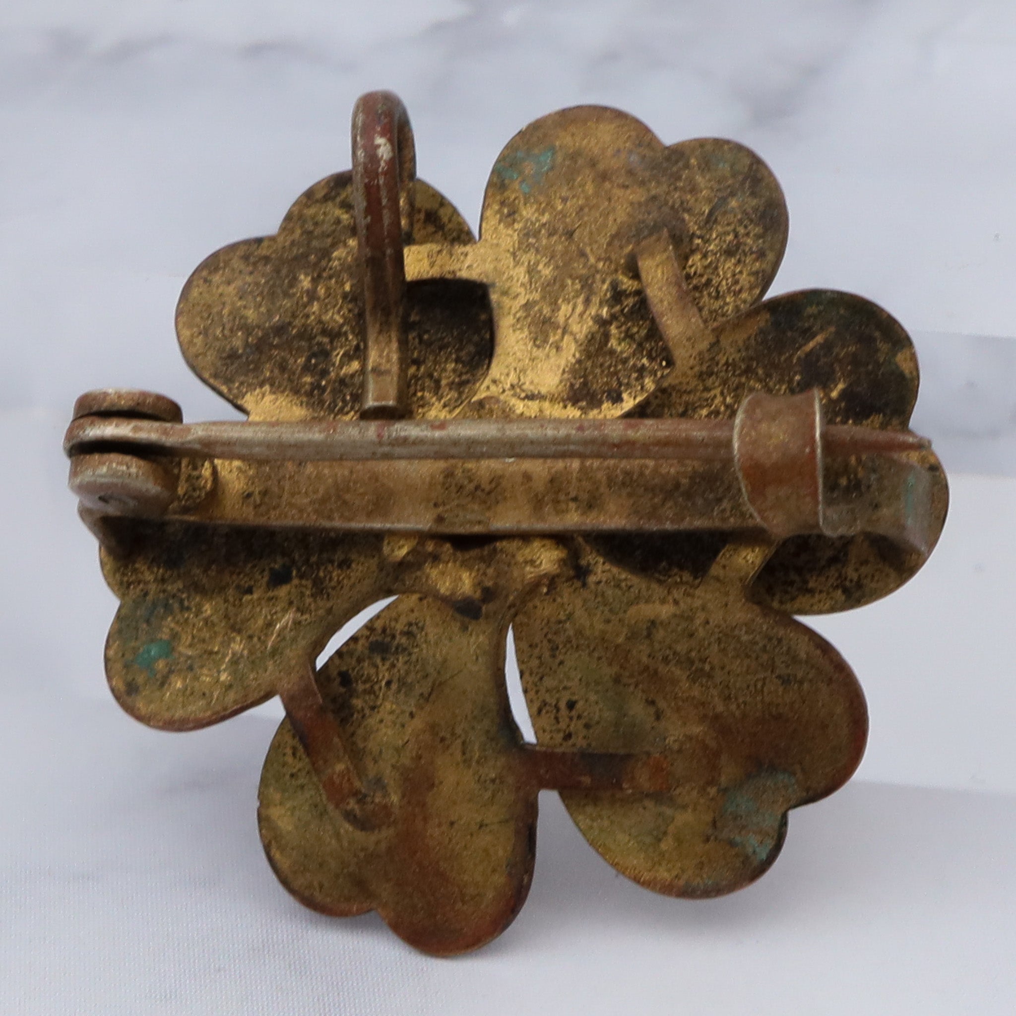 Antique Victorian painted brass & rhinestone flower brooch with pendant loop