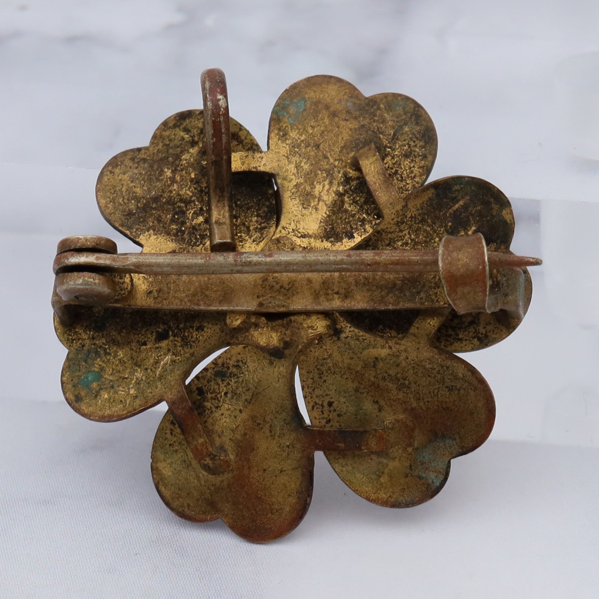 Antique Victorian painted brass & rhinestone flower brooch with pendant loop