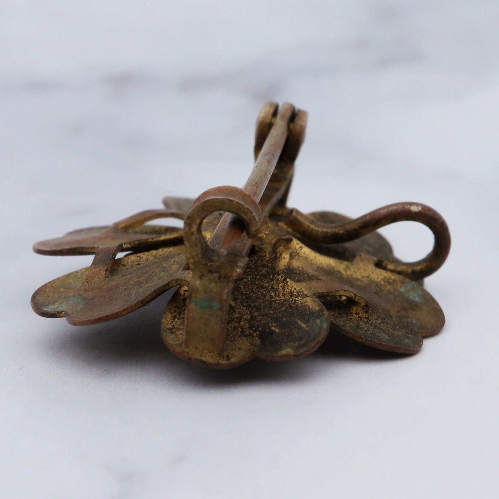 Antique Victorian painted brass & rhinestone flower brooch with pendant loop