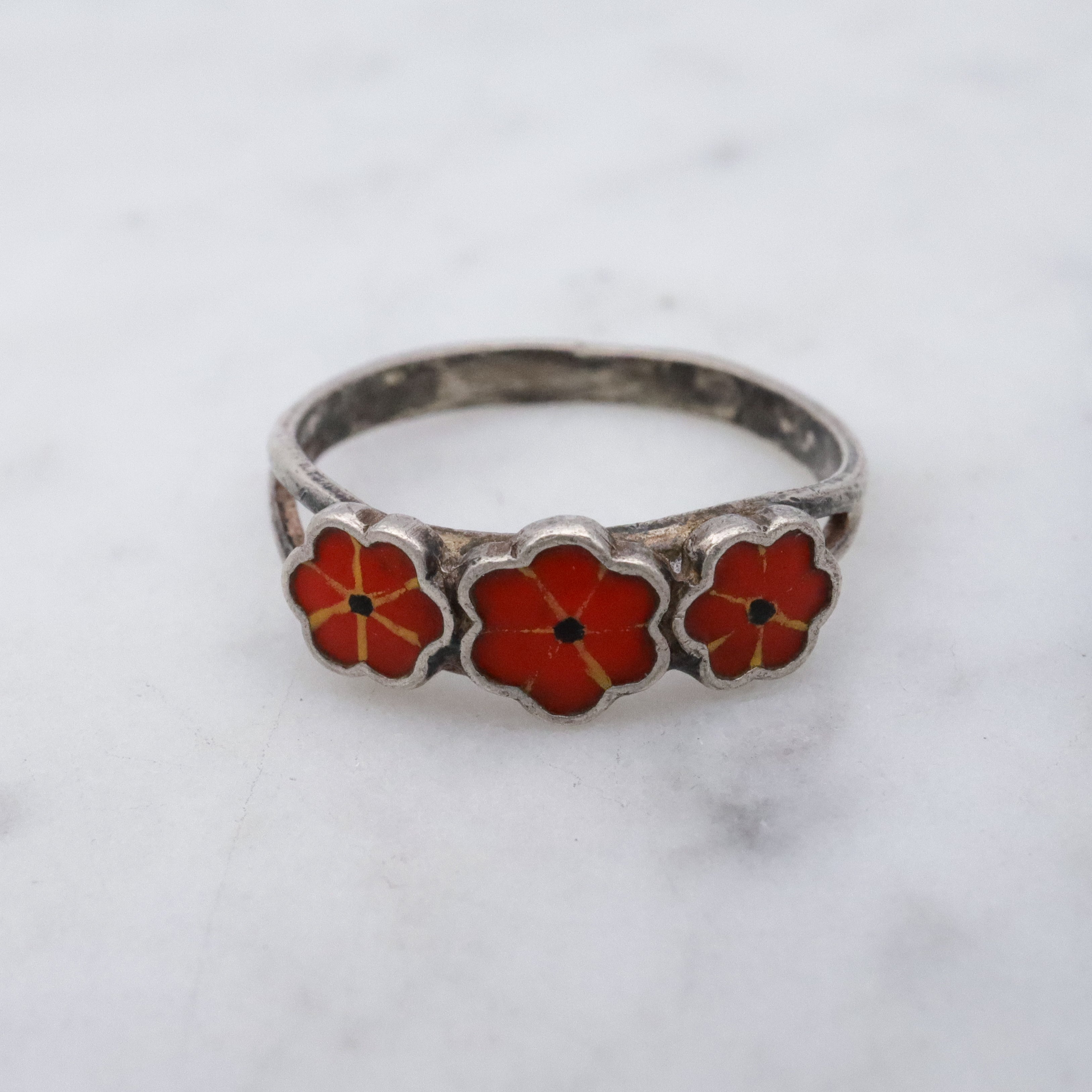 Petite MCM Scandinavian 835 silver enamel flower ring, size 3.75