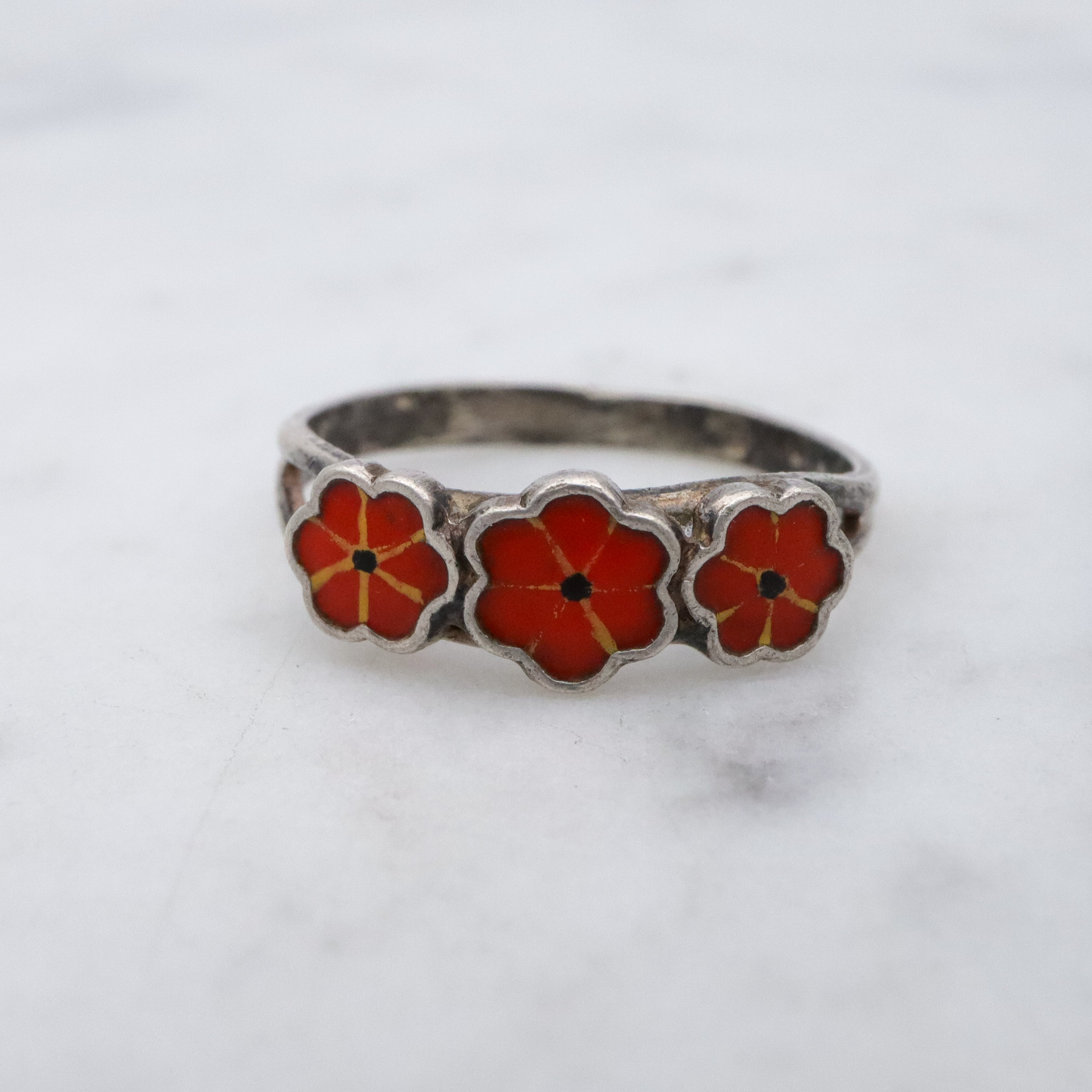 Petite MCM Scandinavian 835 silver enamel flower ring, size 3.75