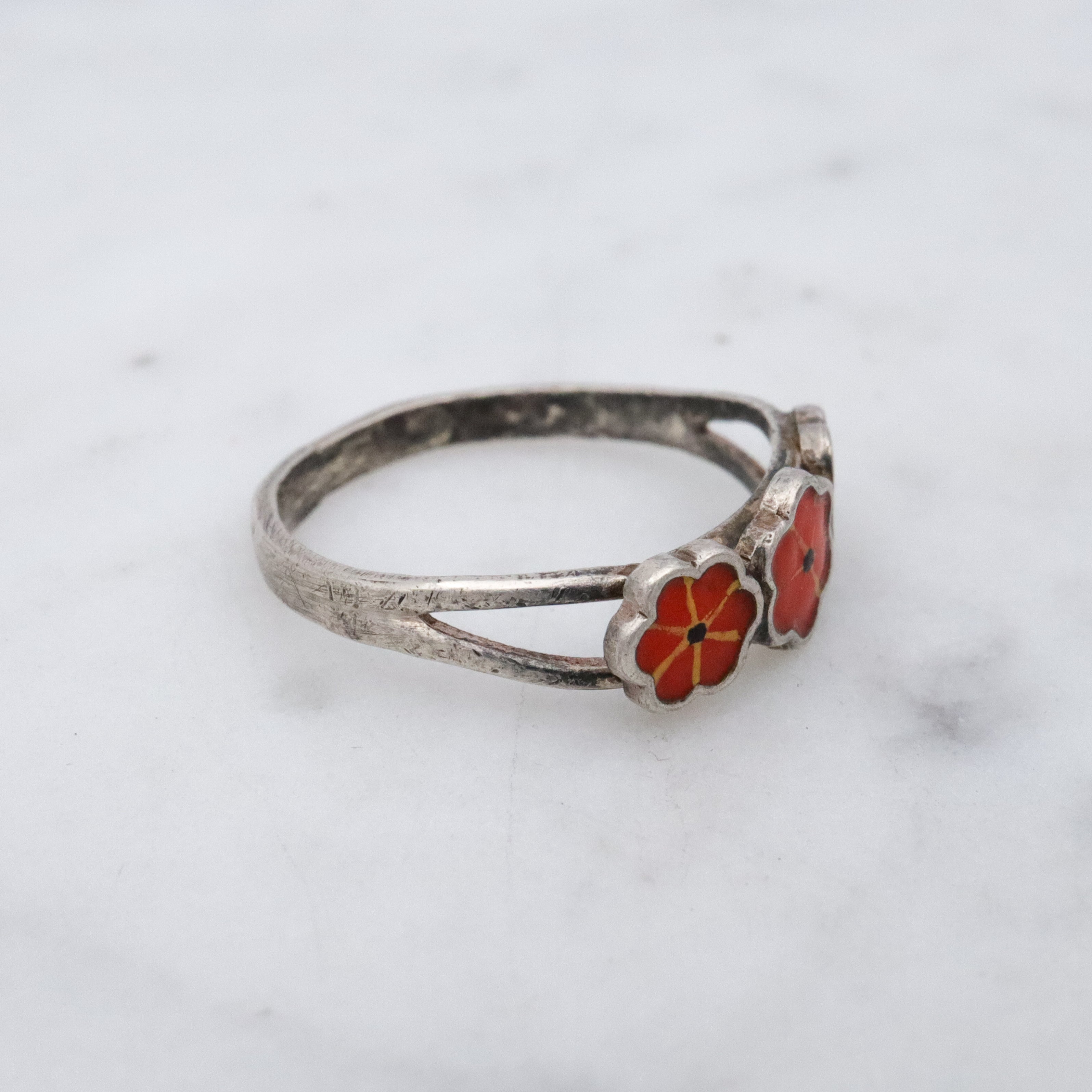 Petite MCM Scandinavian 835 silver enamel flower ring, size 3.75