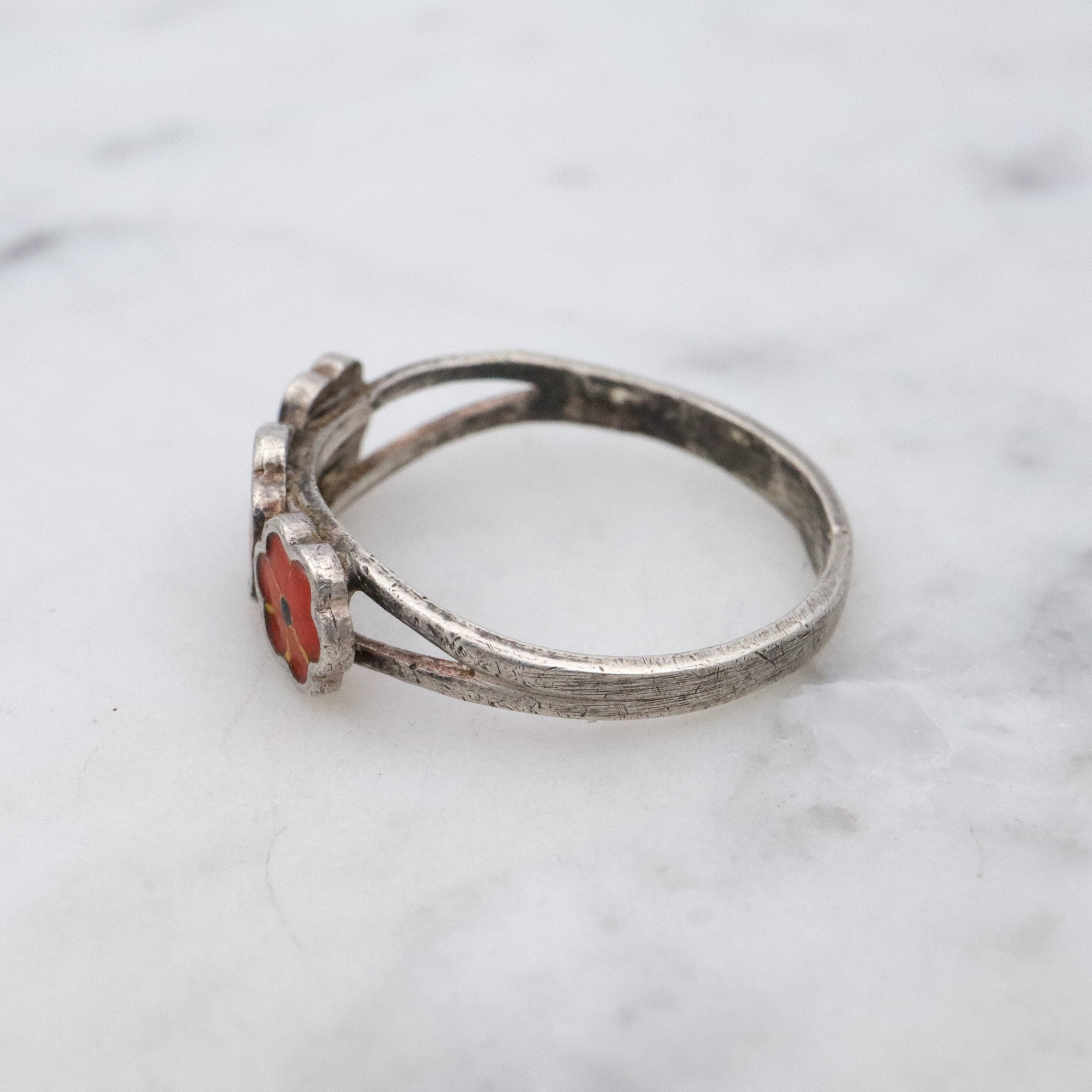 Petite MCM Scandinavian 835 silver enamel flower ring, size 3.75