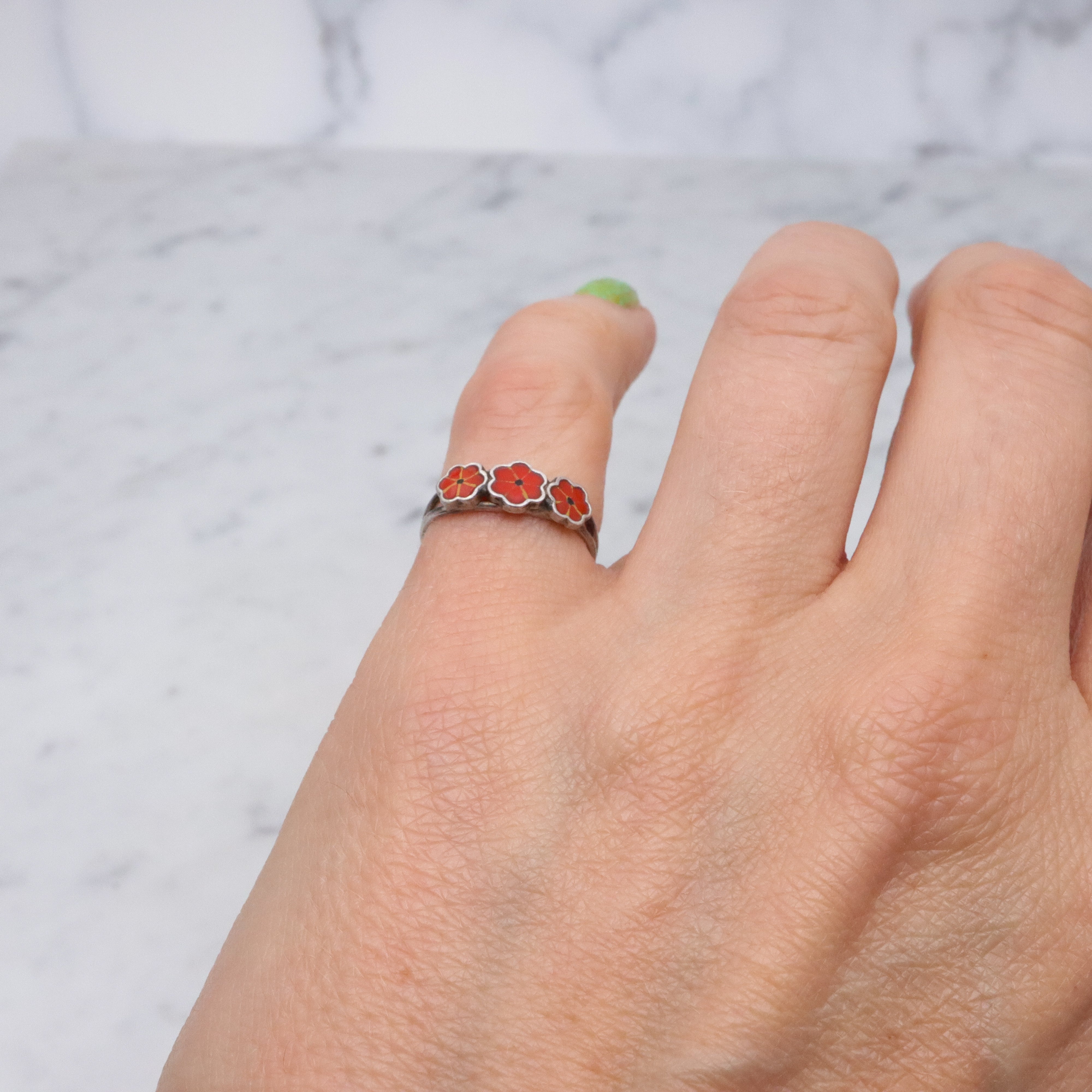 Petite MCM Scandinavian 835 silver enamel flower ring, size 3.75