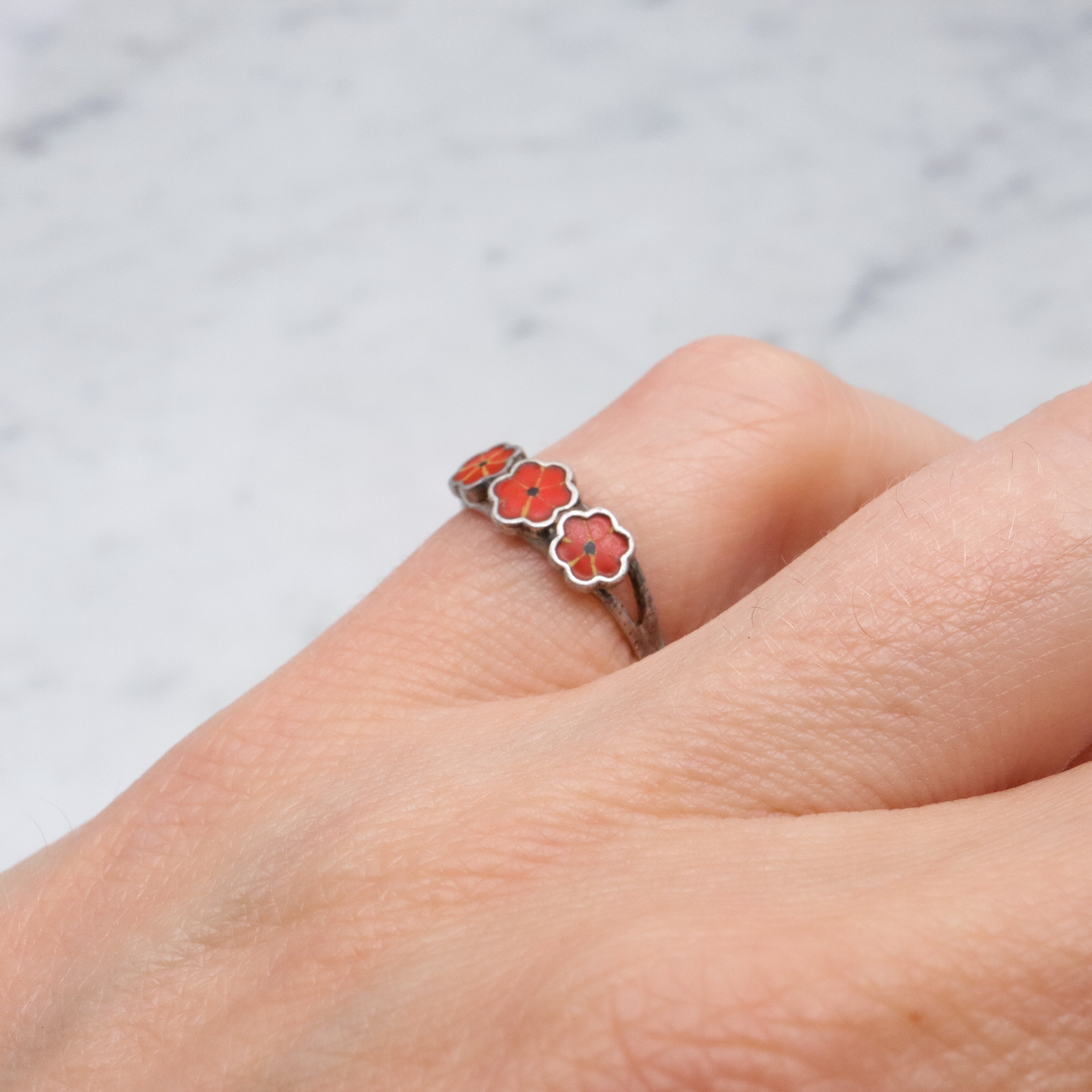 Petite MCM Scandinavian 835 silver enamel flower ring, size 3.75