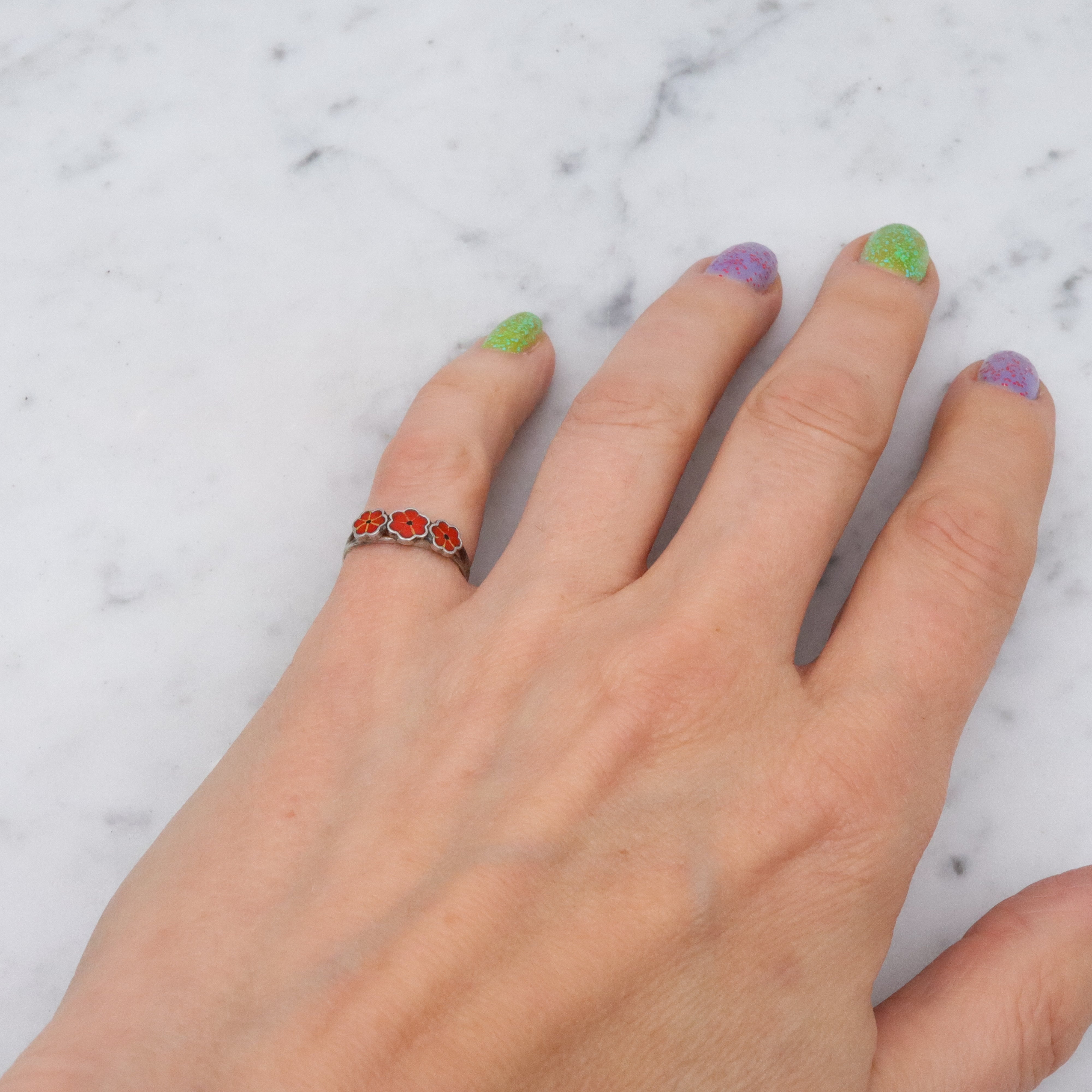 Petite MCM Scandinavian 835 silver enamel flower ring, size 3.75