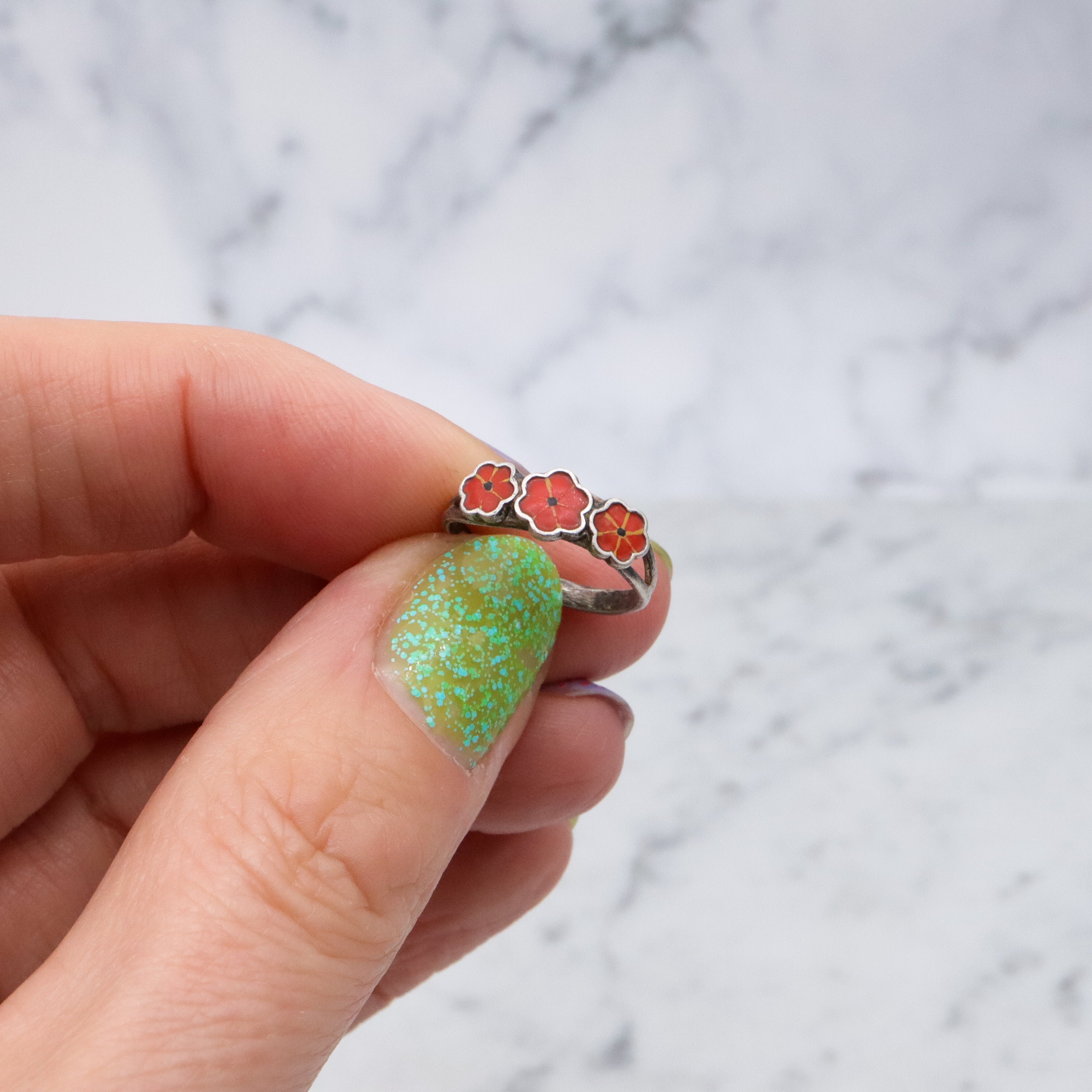 Petite MCM Scandinavian 835 silver enamel flower ring, size 3.75