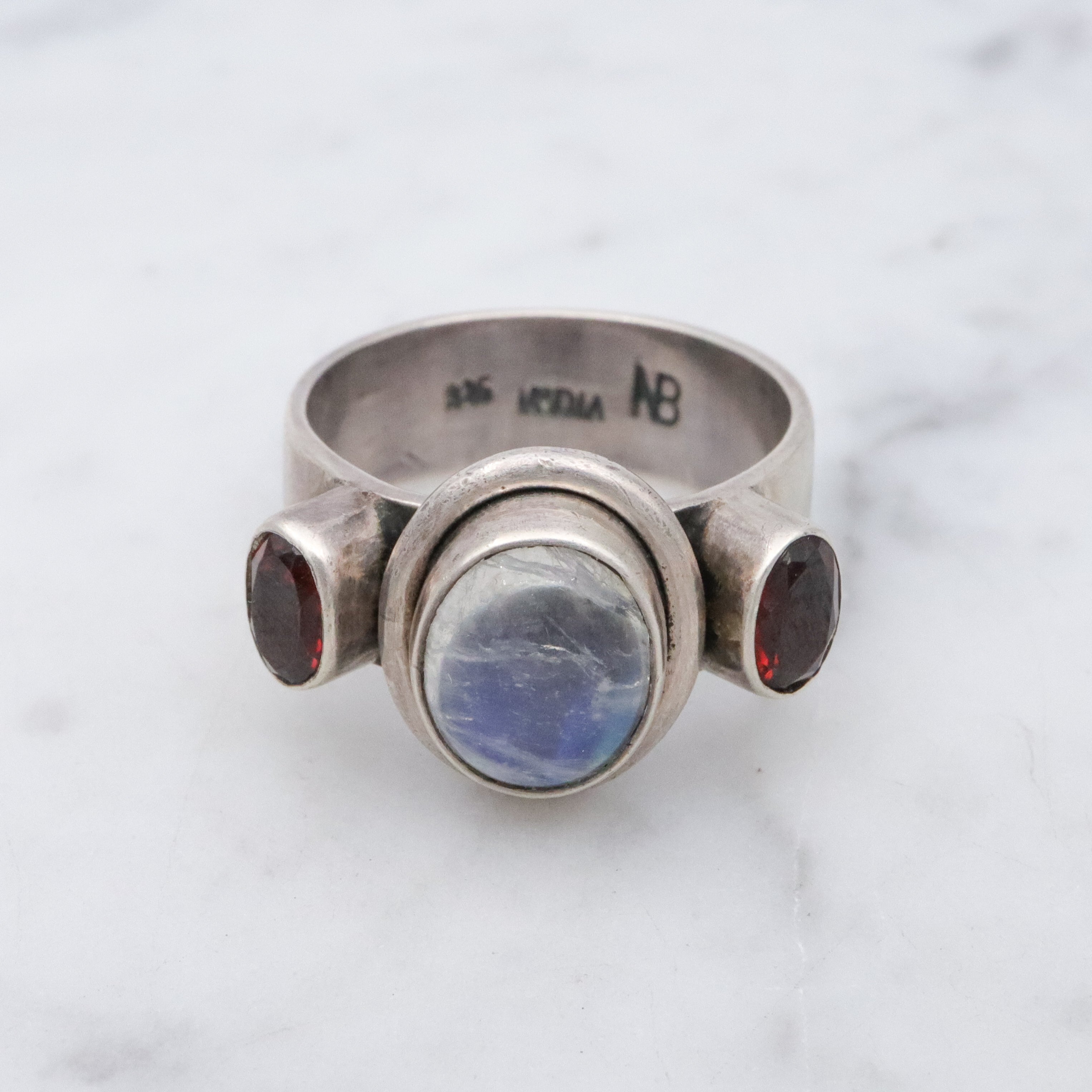 Vintage rainbow moonstone & garnet sterling ring, sz 7.5