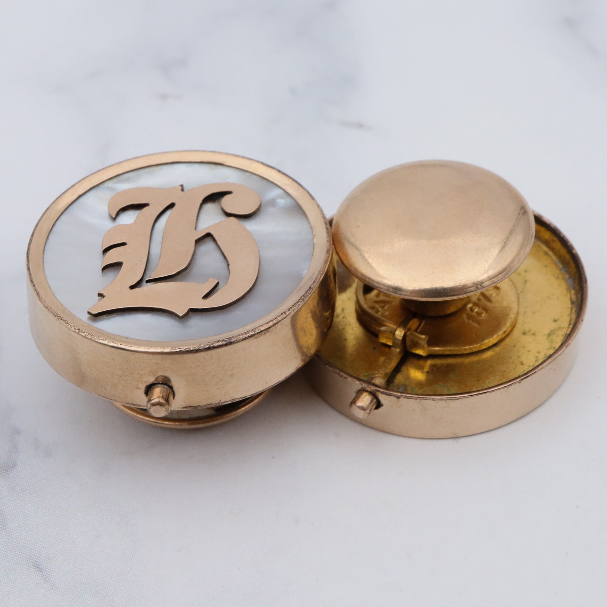 Antique late 1800’s gold-filled & mother of pearl monogrammed “K” cufflinks