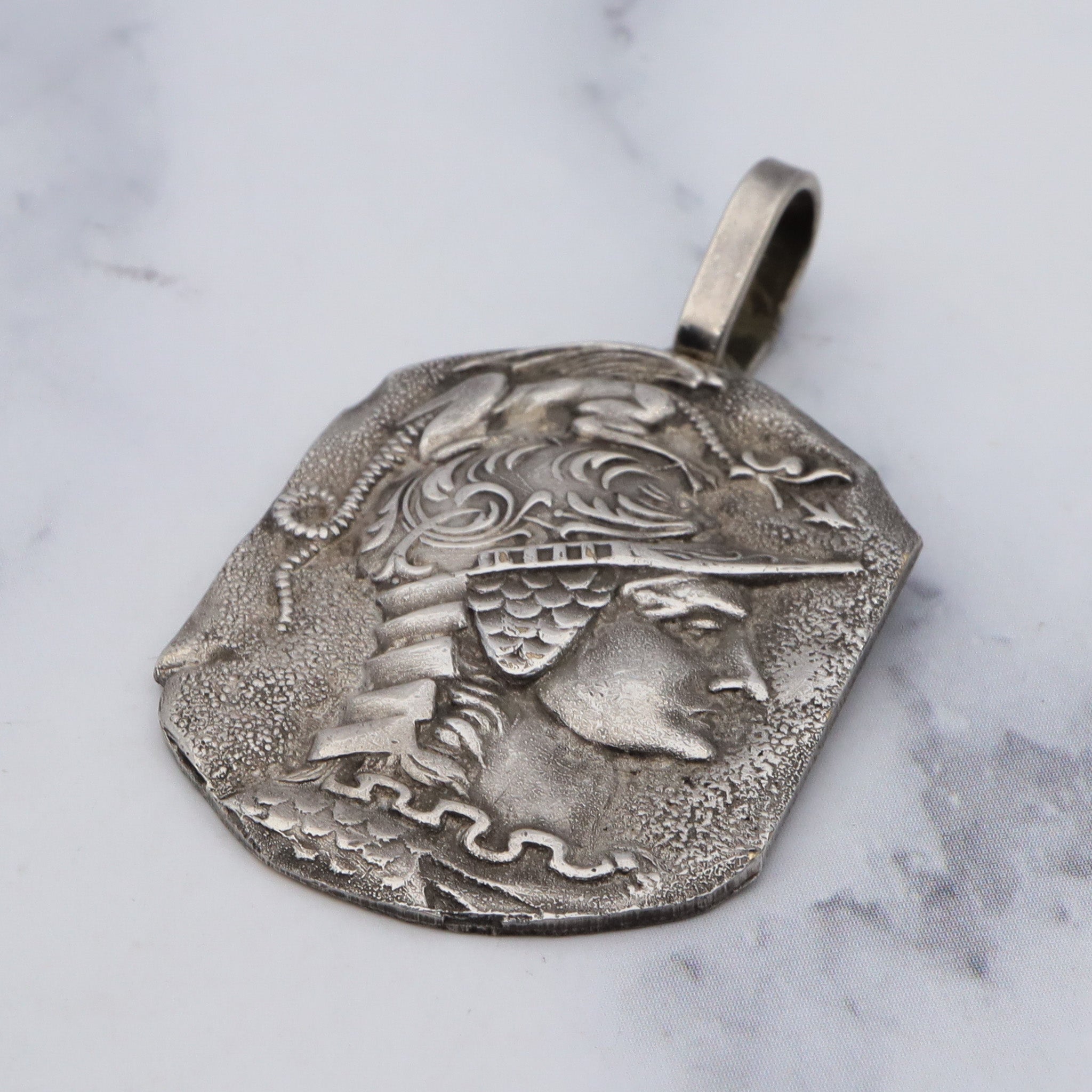 Antique Hellenistic silver plated plaque of Athena pendant