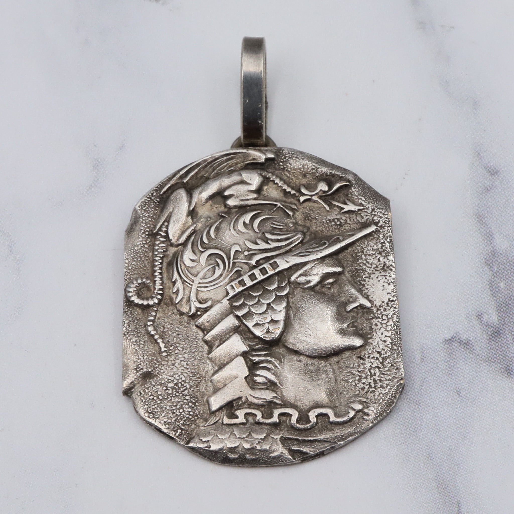 Antique Hellenistic silver plated plaque of Athena pendant