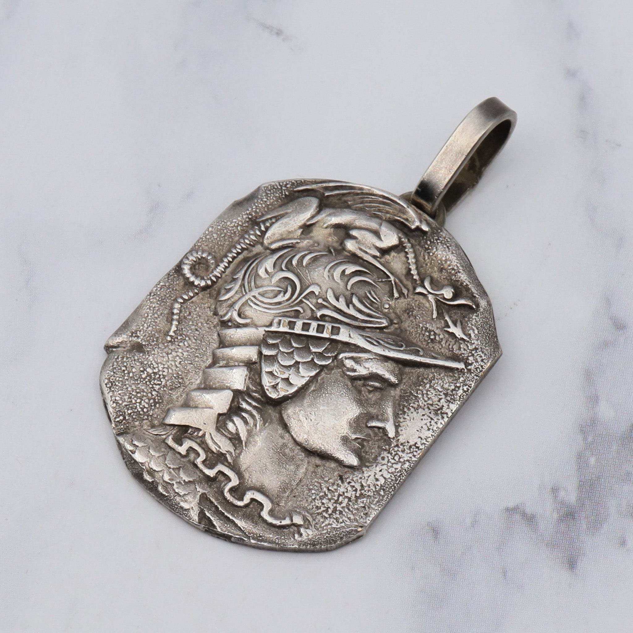 Antique Hellenistic silver plated plaque of Athena pendant
