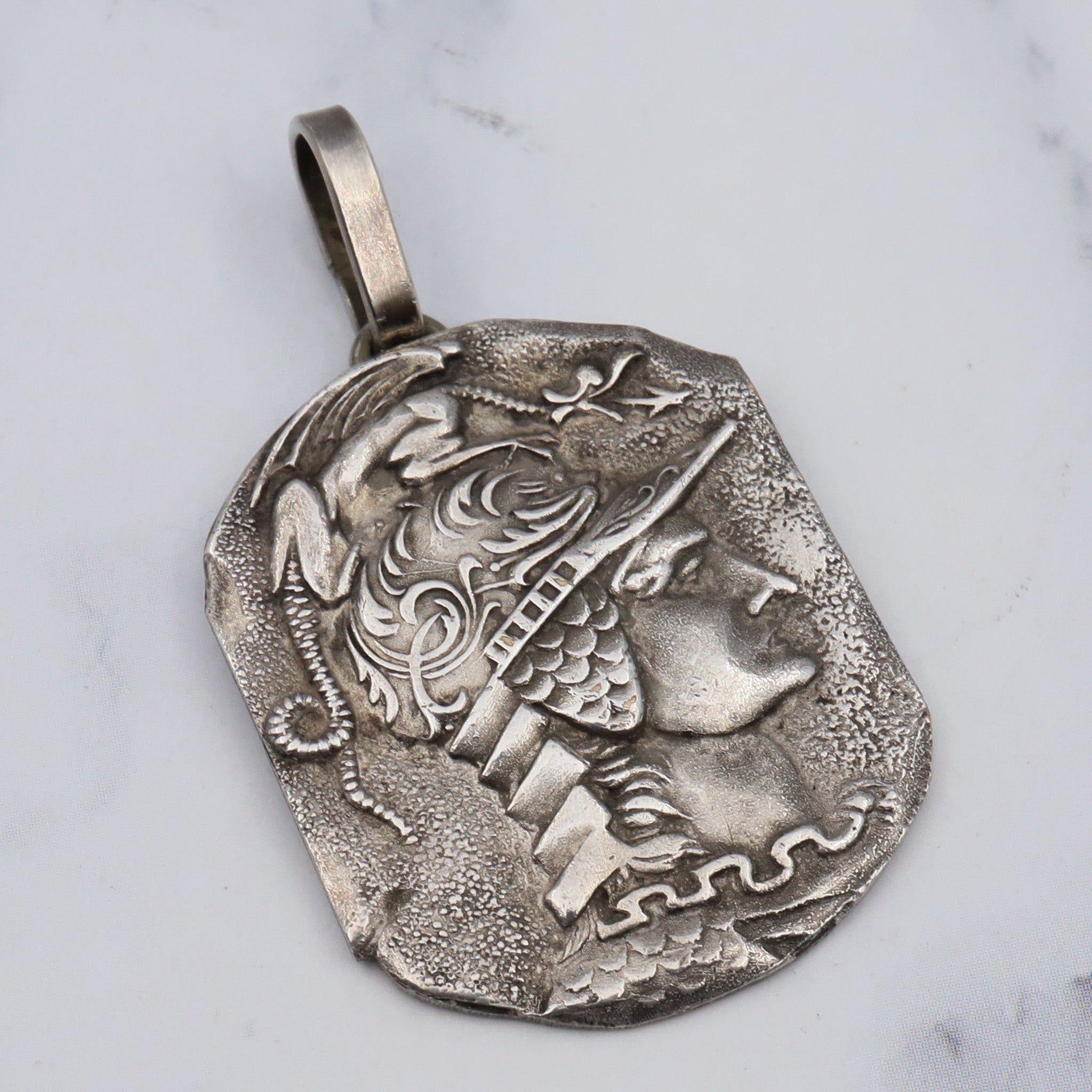 Antique Hellenistic silver plated plaque of Athena pendant