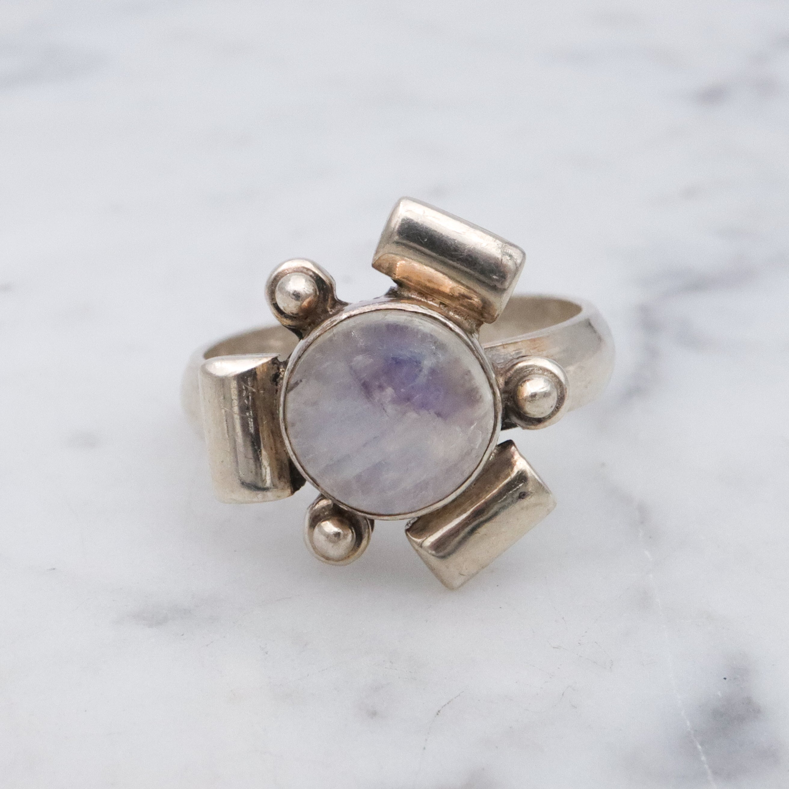 Retro sculptural rainbow moonstone sterling ring, size 8.5