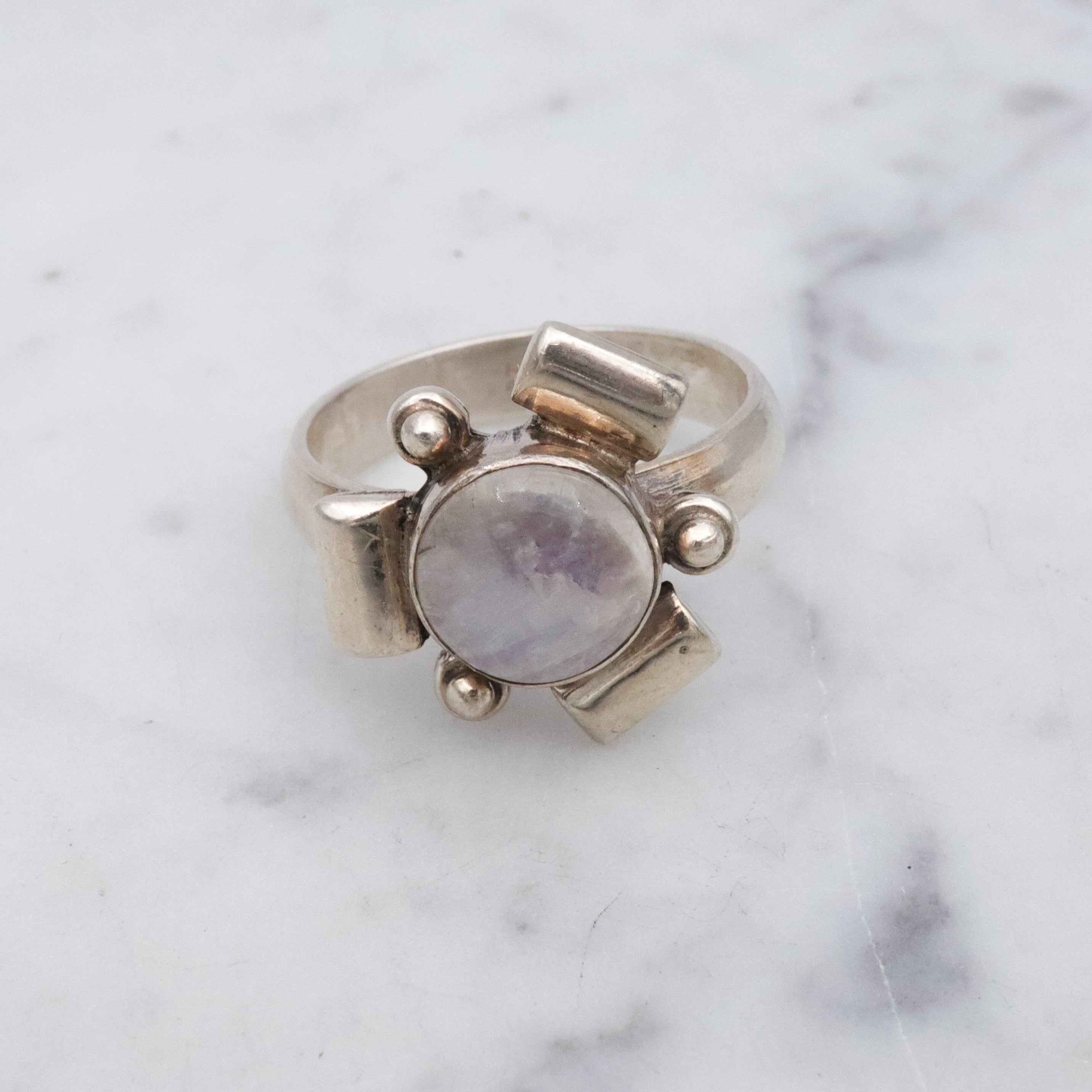 Retro sculptural rainbow moonstone sterling ring, size 8.5