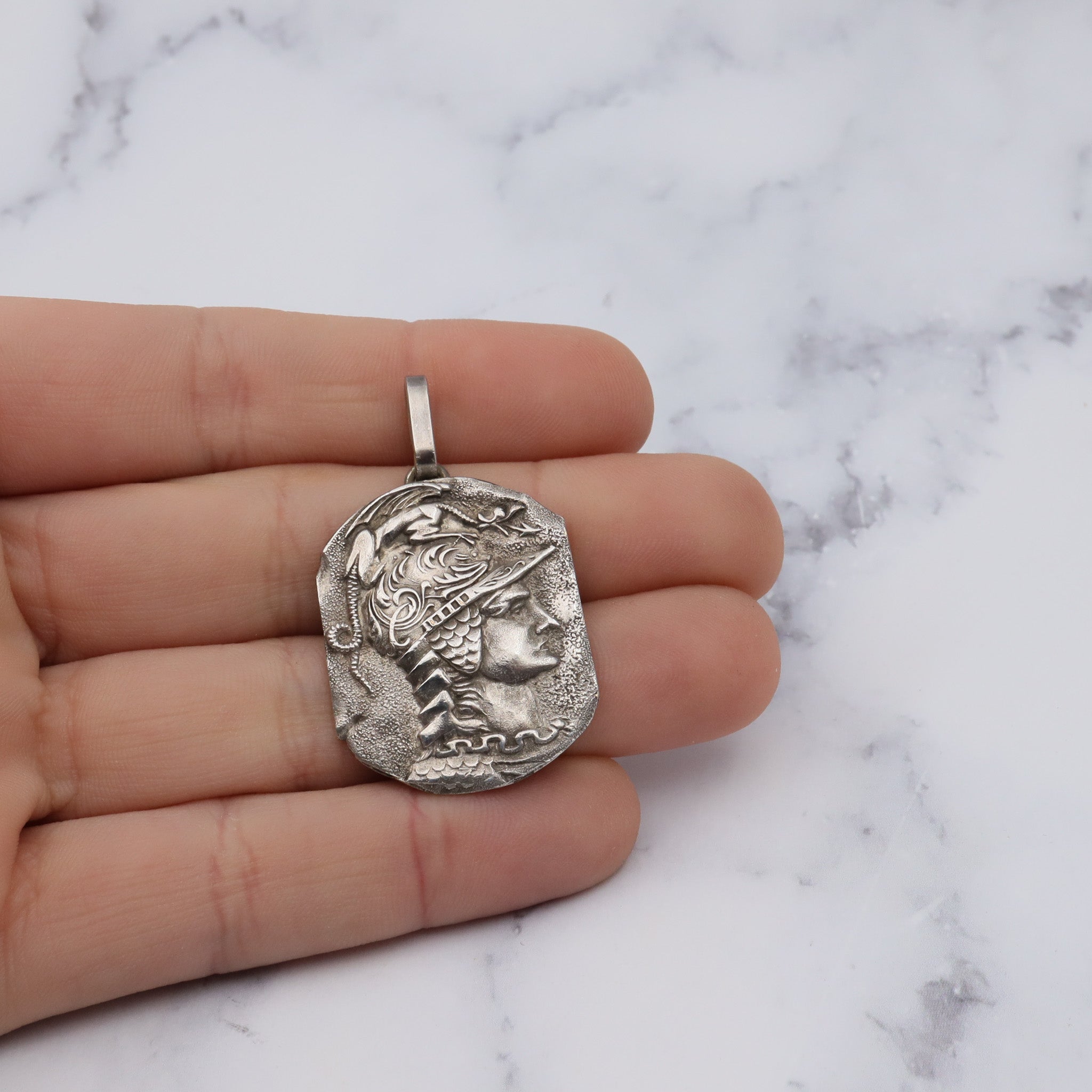 Antique Hellenistic silver plated plaque of Athena pendant