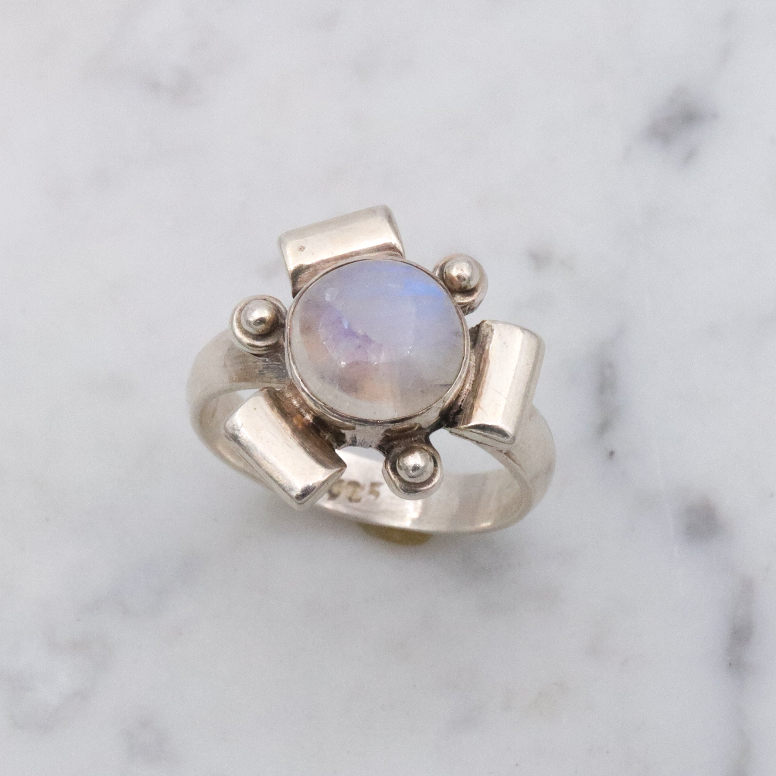 Retro sculptural rainbow moonstone sterling ring, size 8.5