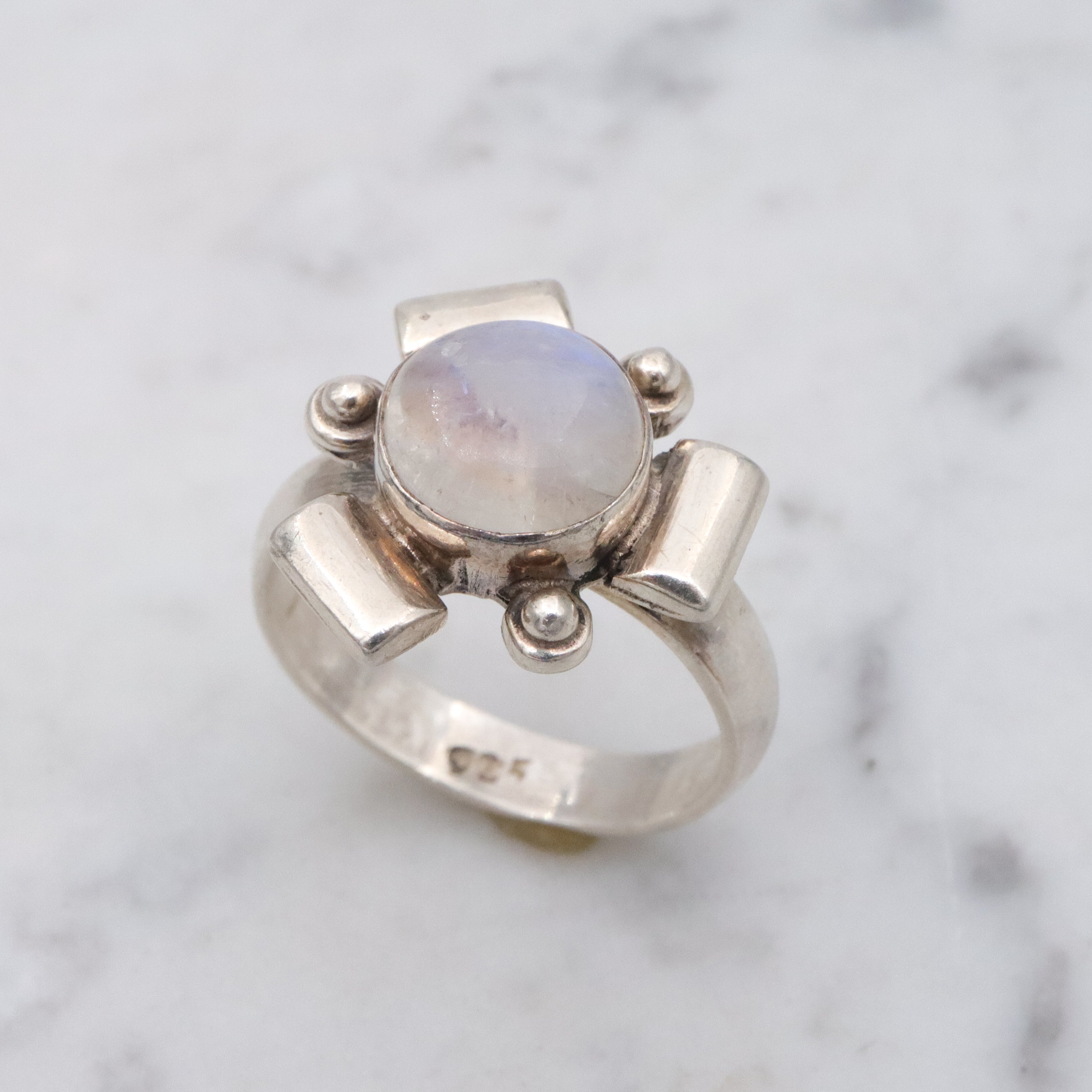 Retro sculptural rainbow moonstone sterling ring, size 8.5