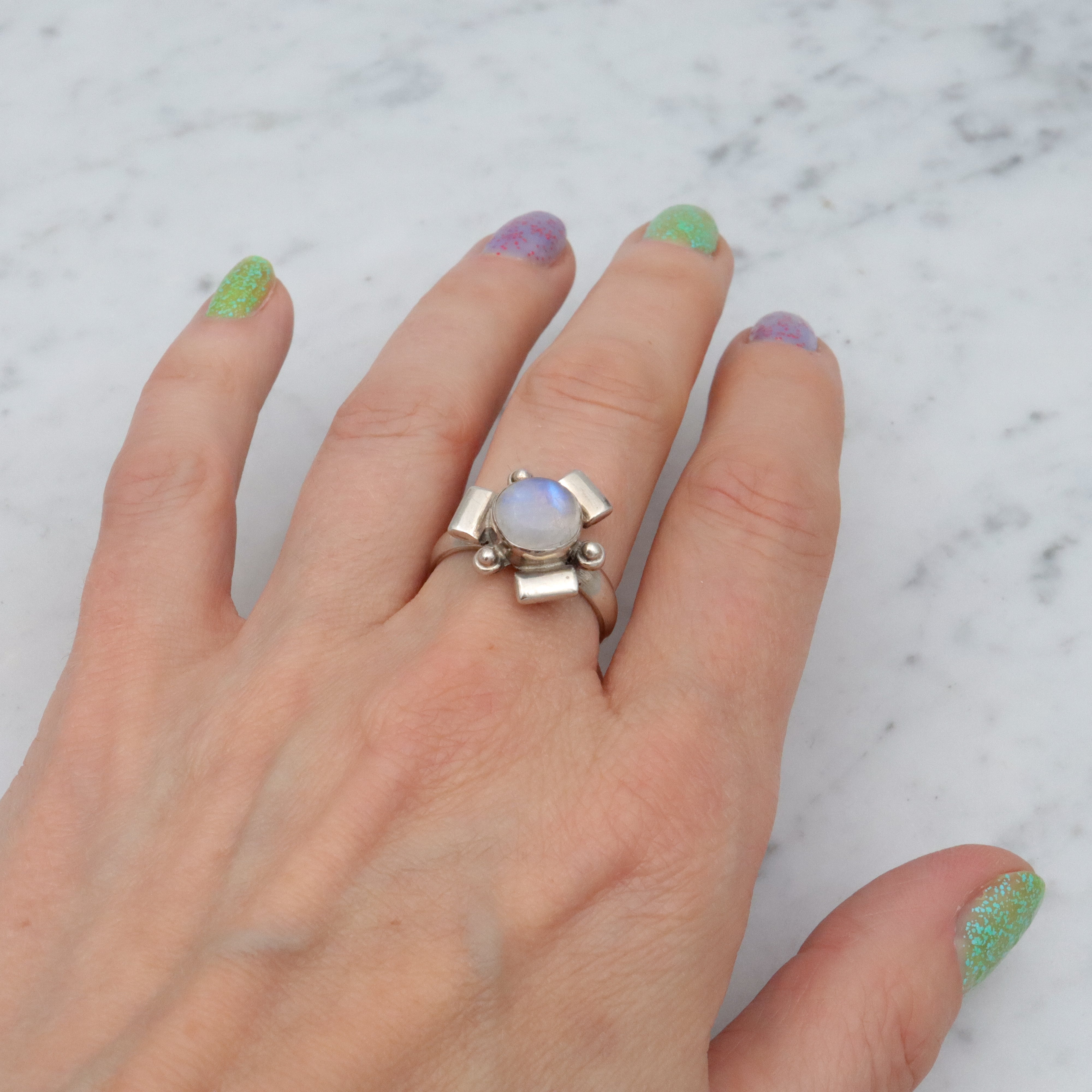 Retro sculptural rainbow moonstone sterling ring, size 8.5