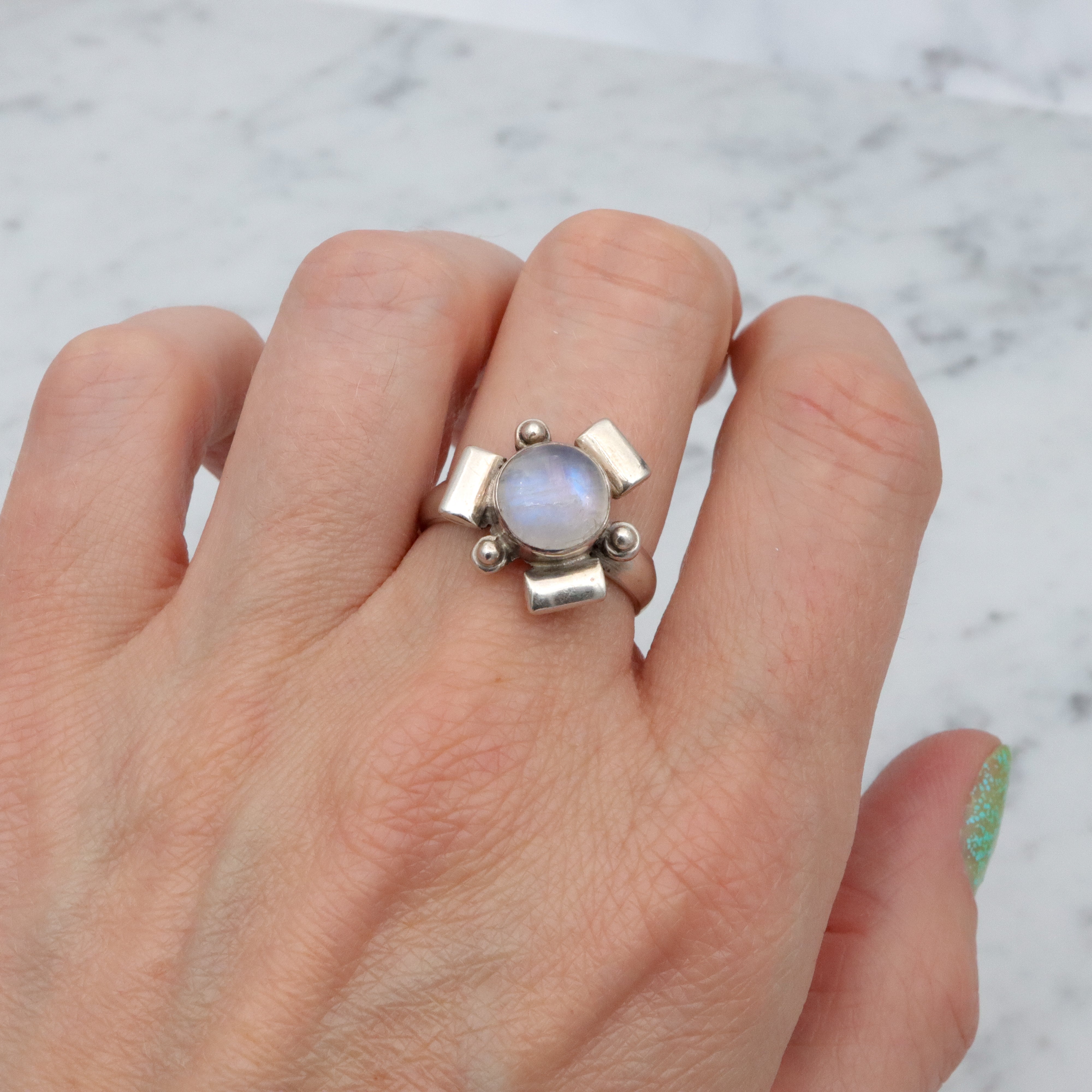 Retro sculptural rainbow moonstone sterling ring, size 8.5