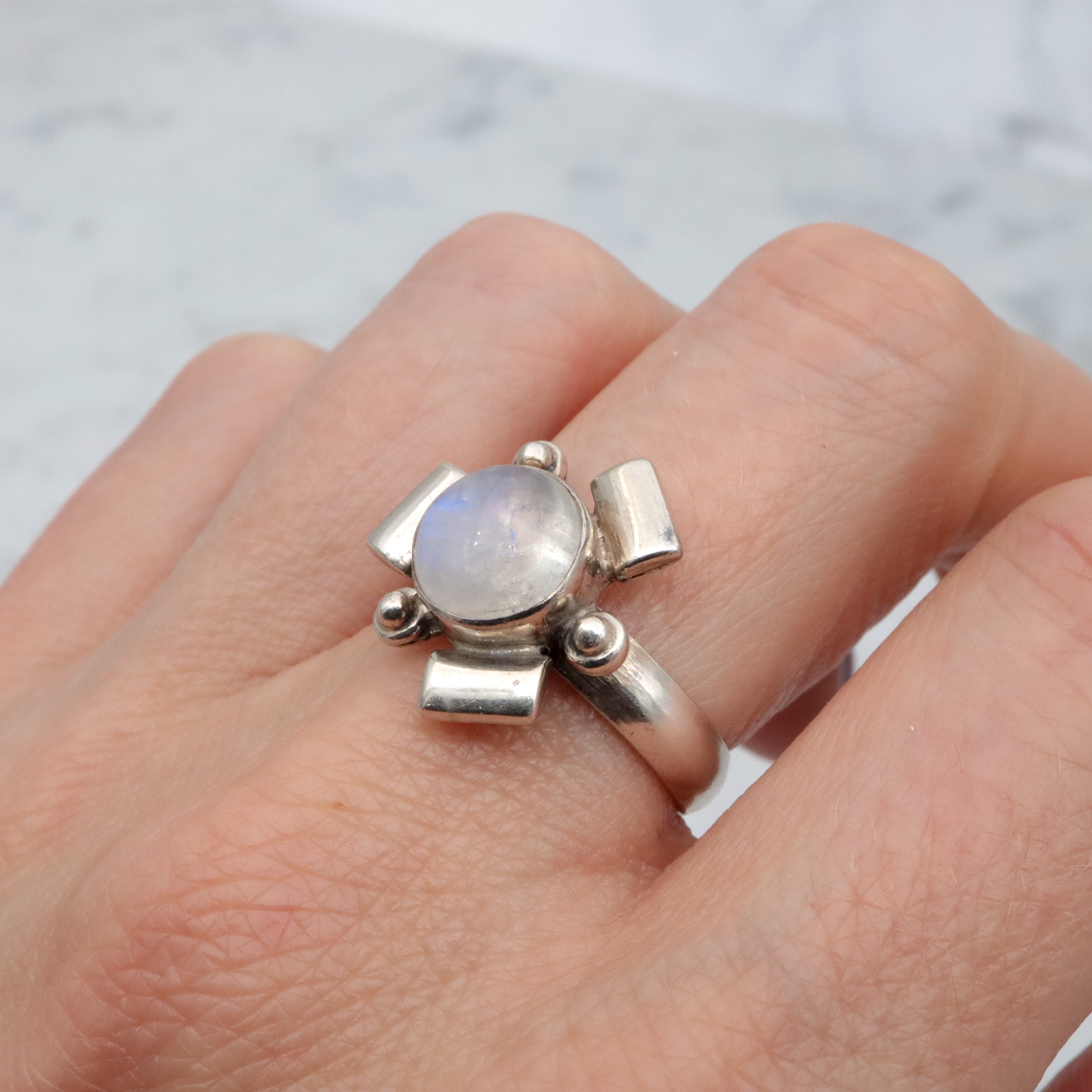 Retro sculptural rainbow moonstone sterling ring, size 8.5