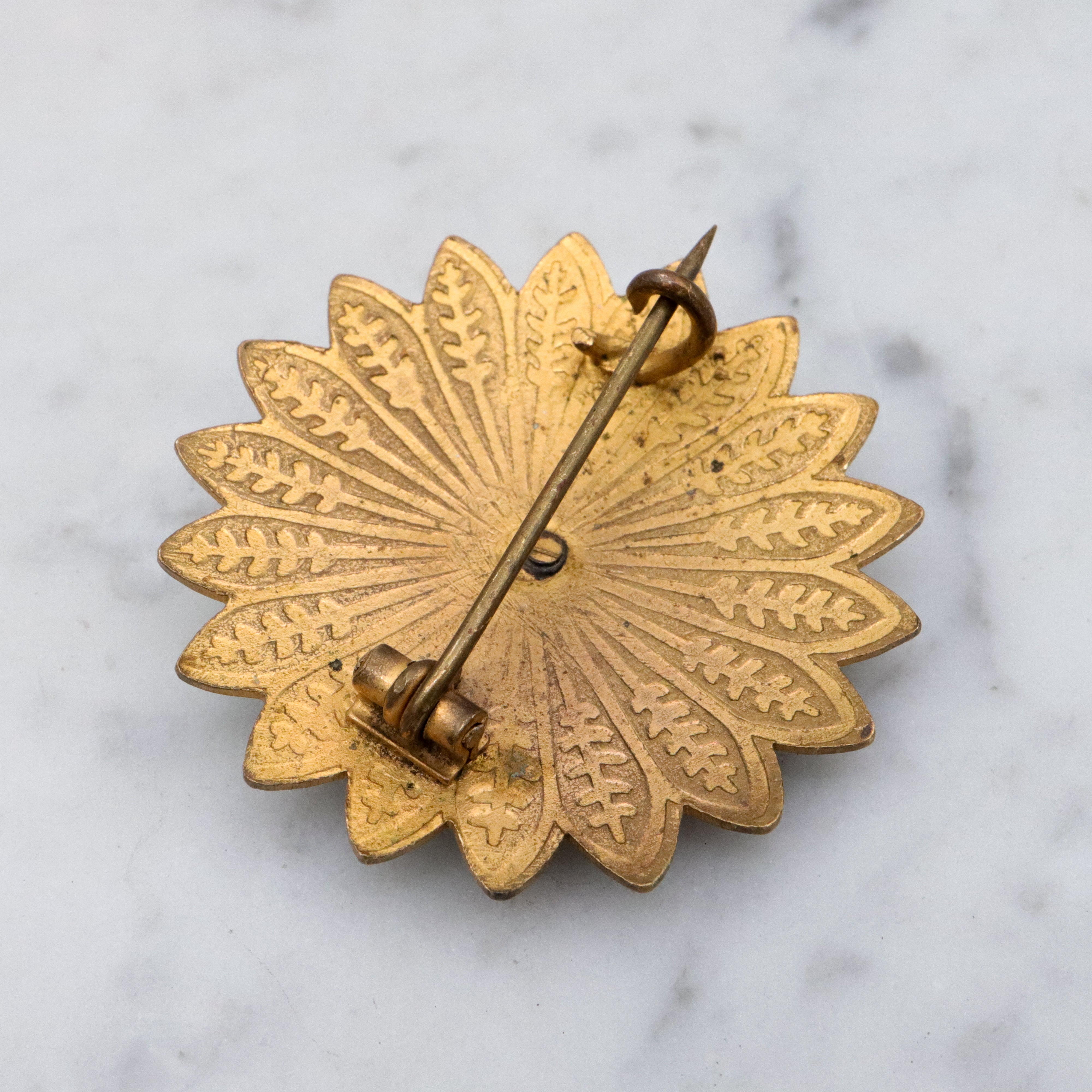 Antique brass enamel sunflower brooch