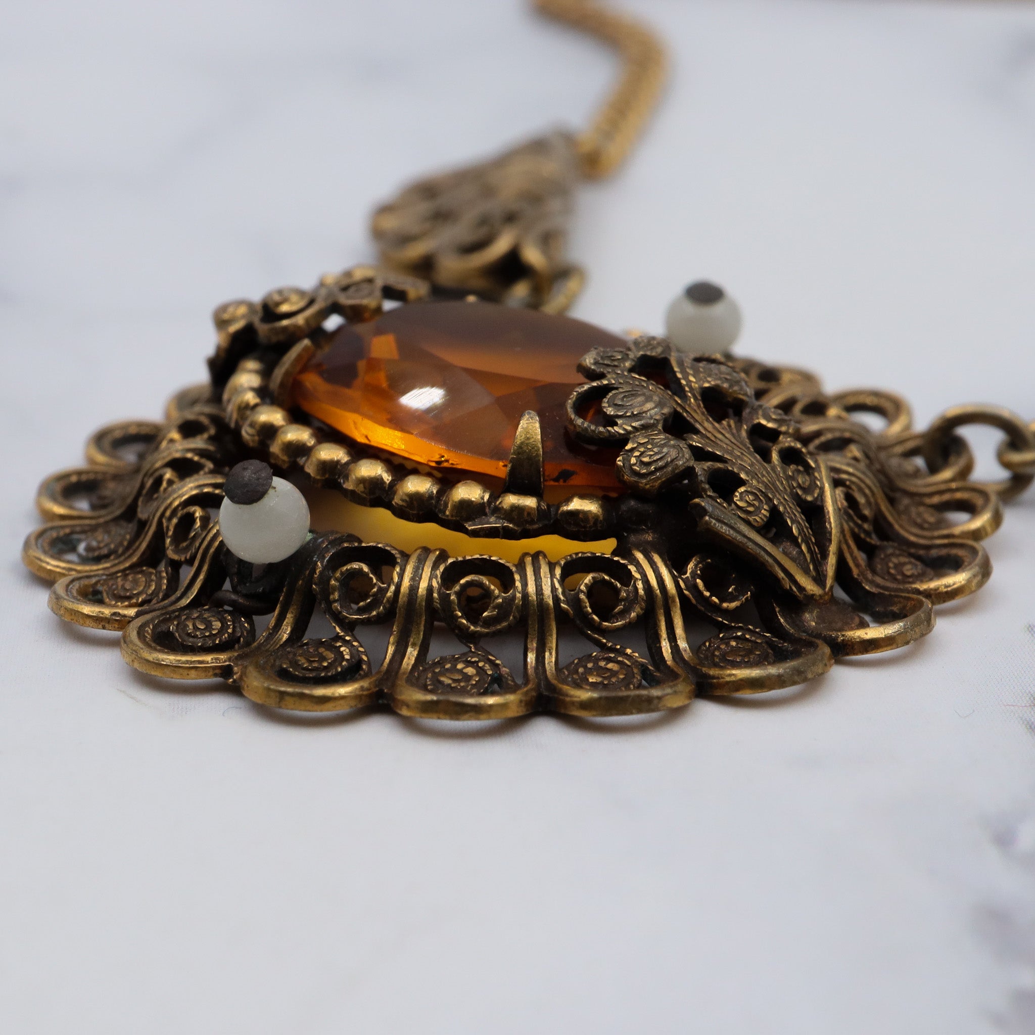 Antique Victorian brass filigree & glass citrine necklace, 17”