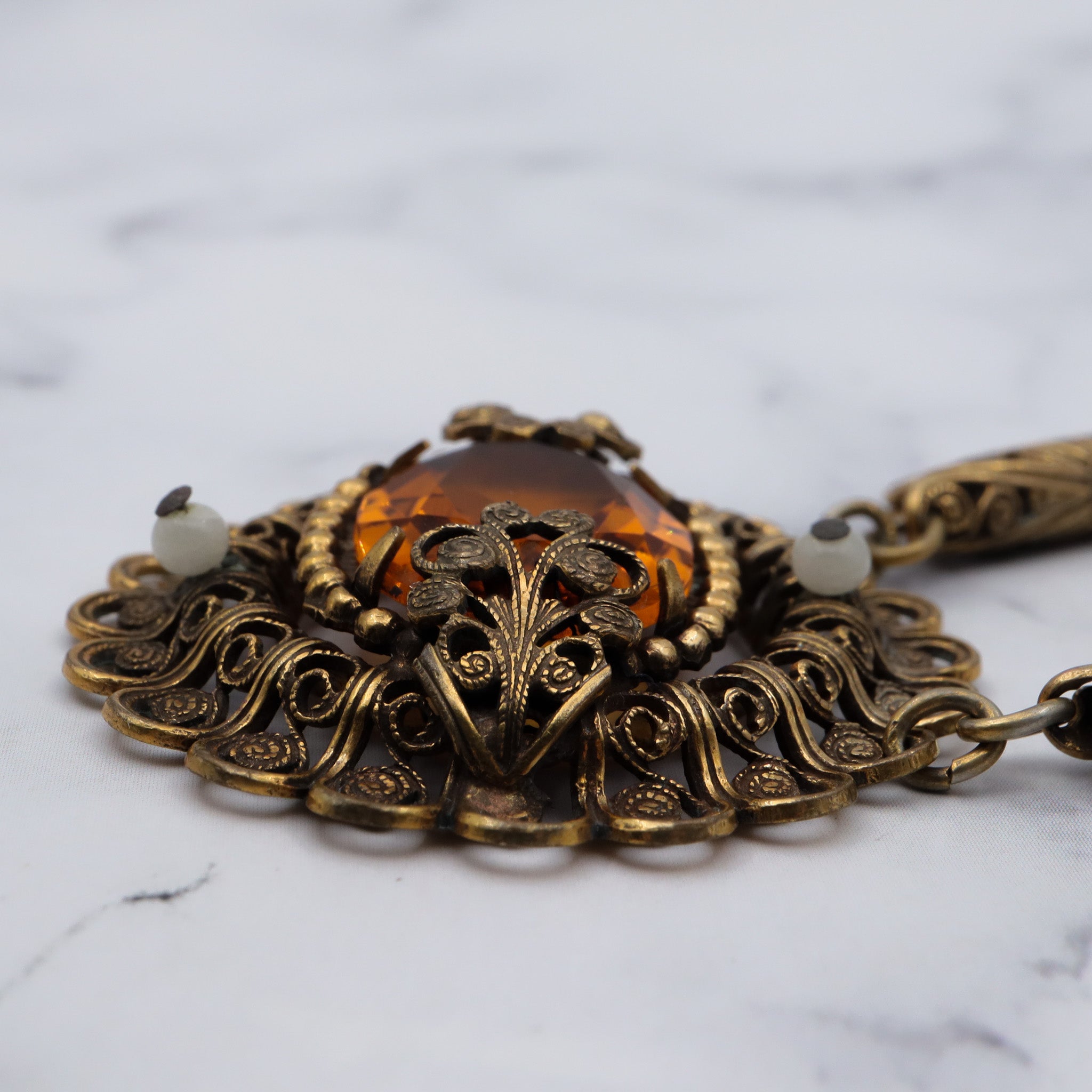 Antique Victorian brass filigree & glass citrine necklace, 17”