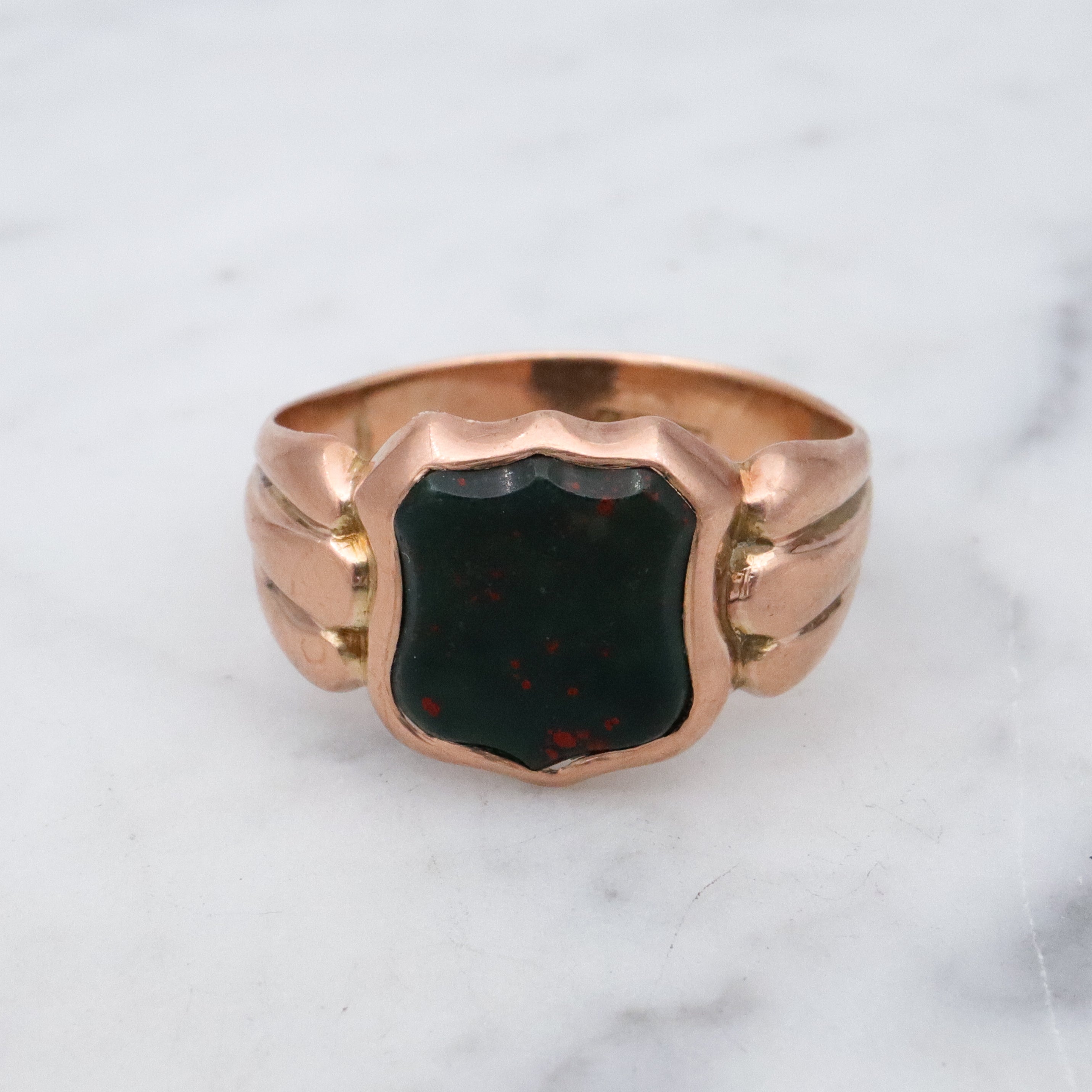Antique English 9k rose gold bloodstone signet ring, size 10