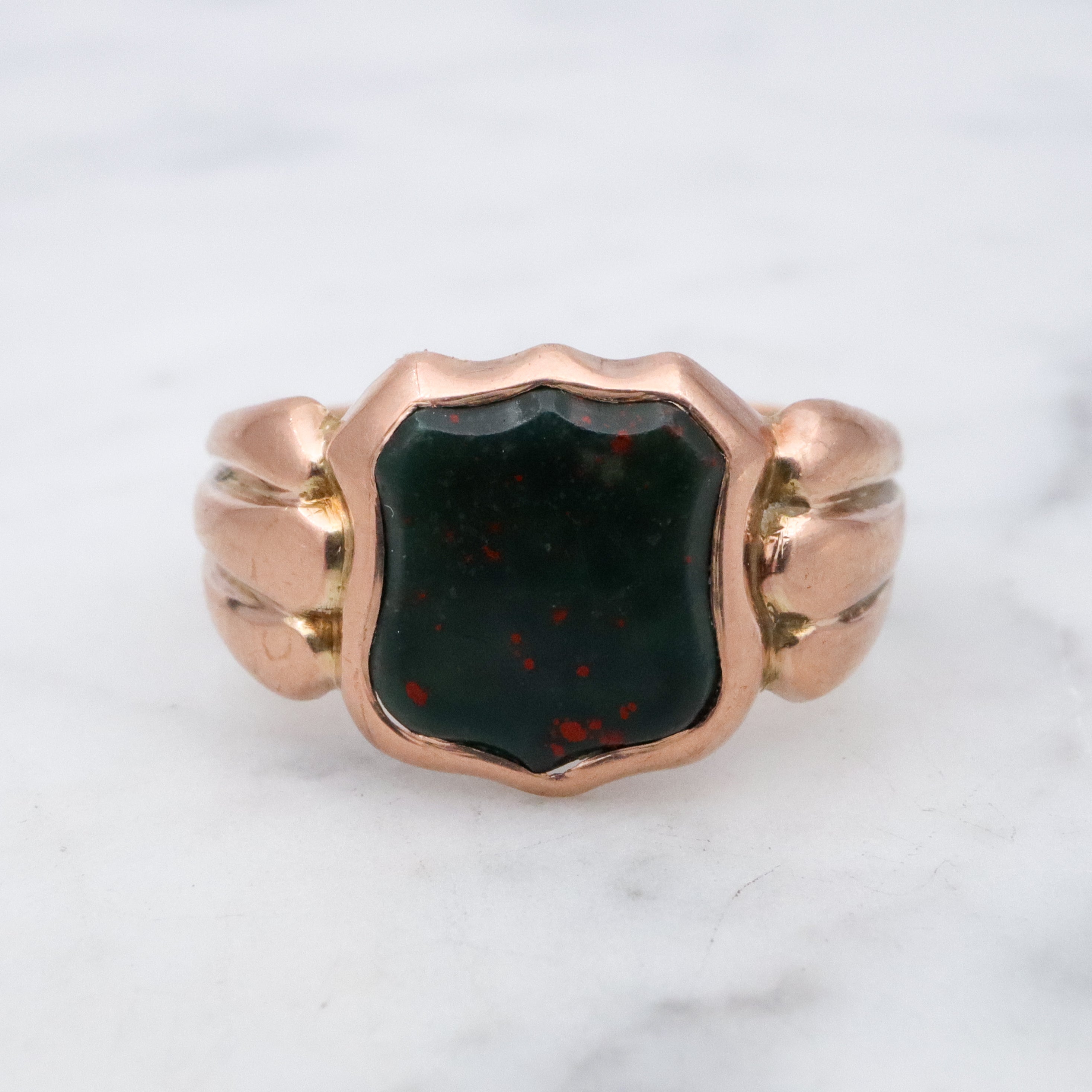 Antique English 9k rose gold bloodstone signet ring, size 10