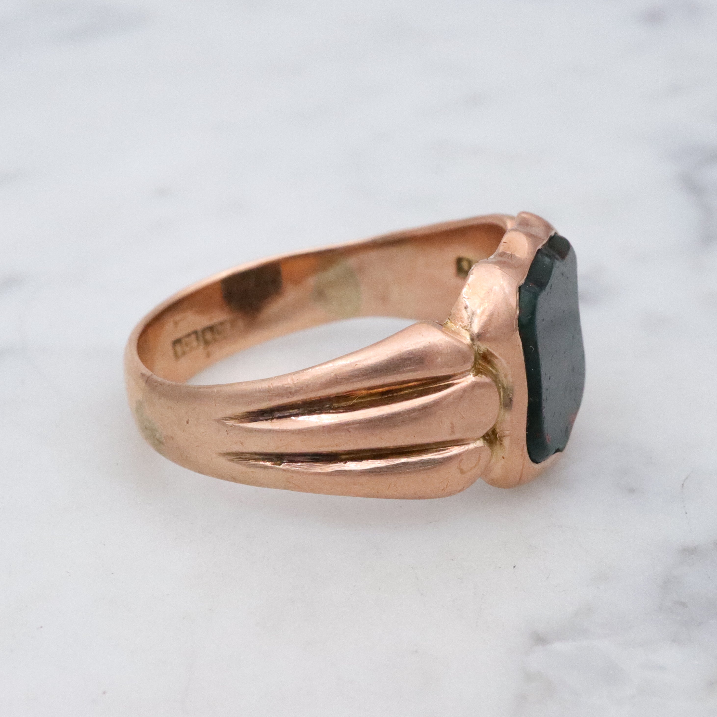 Antique English 9k rose gold bloodstone signet ring, size 10