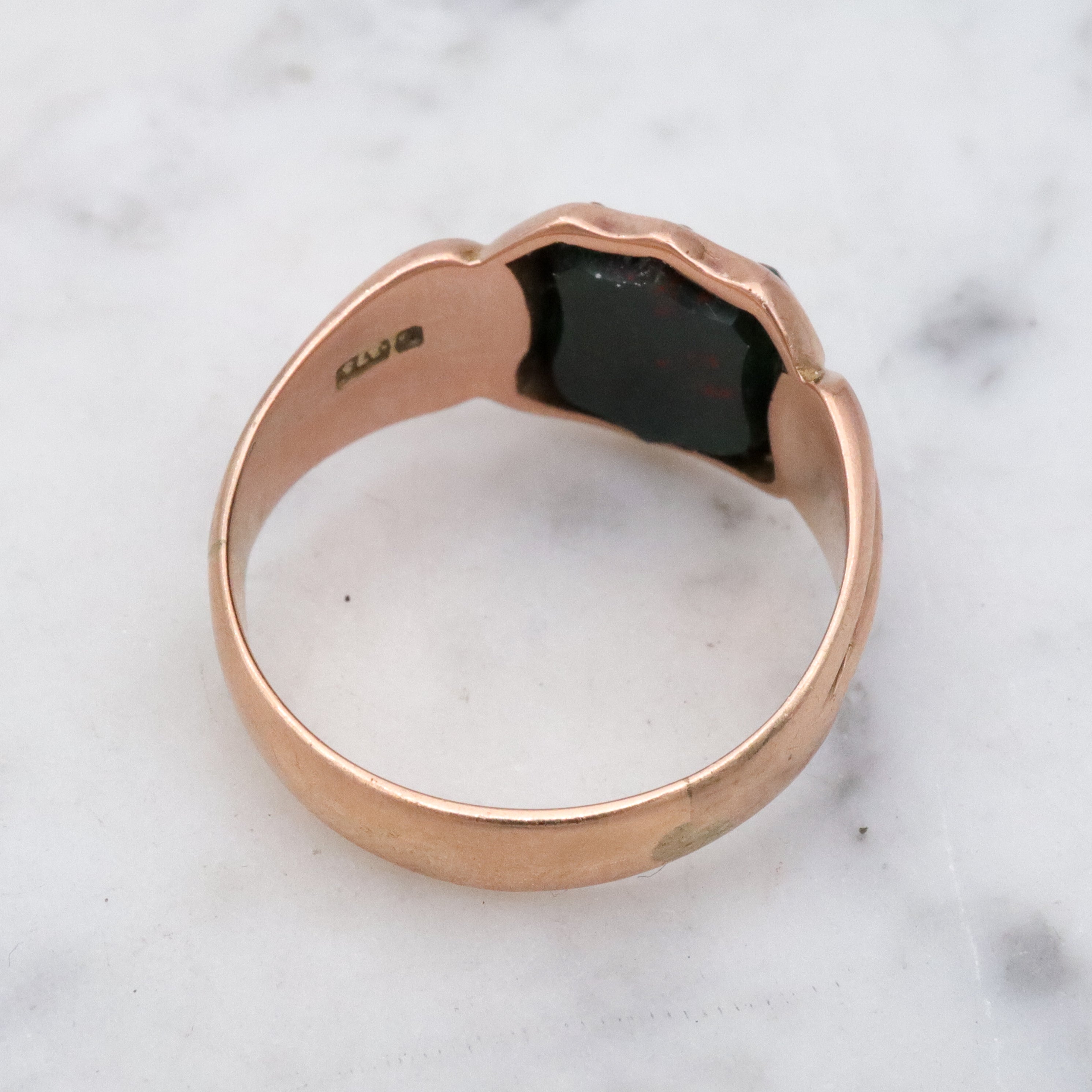 Antique English 9k rose gold bloodstone signet ring, size 10