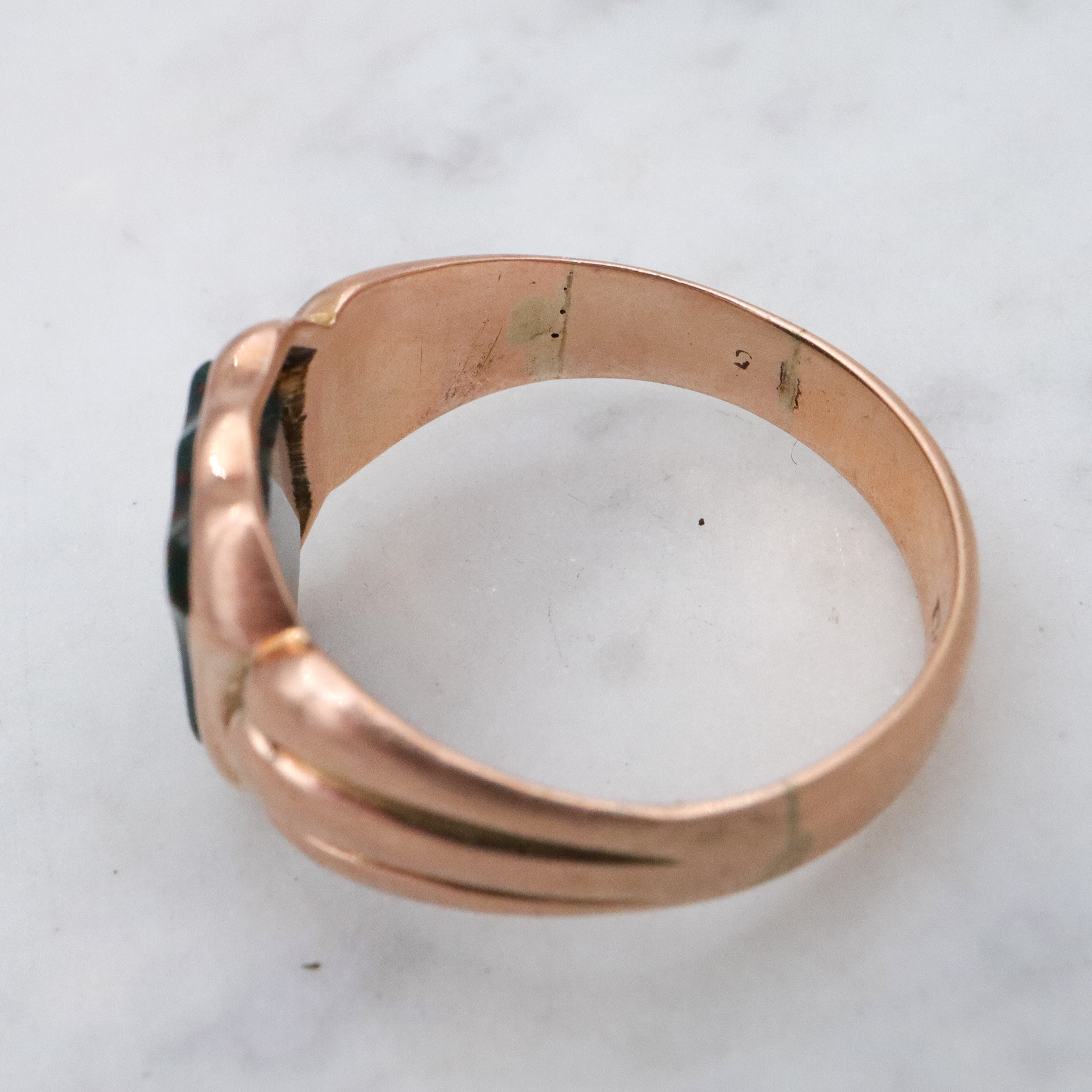 Antique English 9k rose gold bloodstone signet ring, size 10