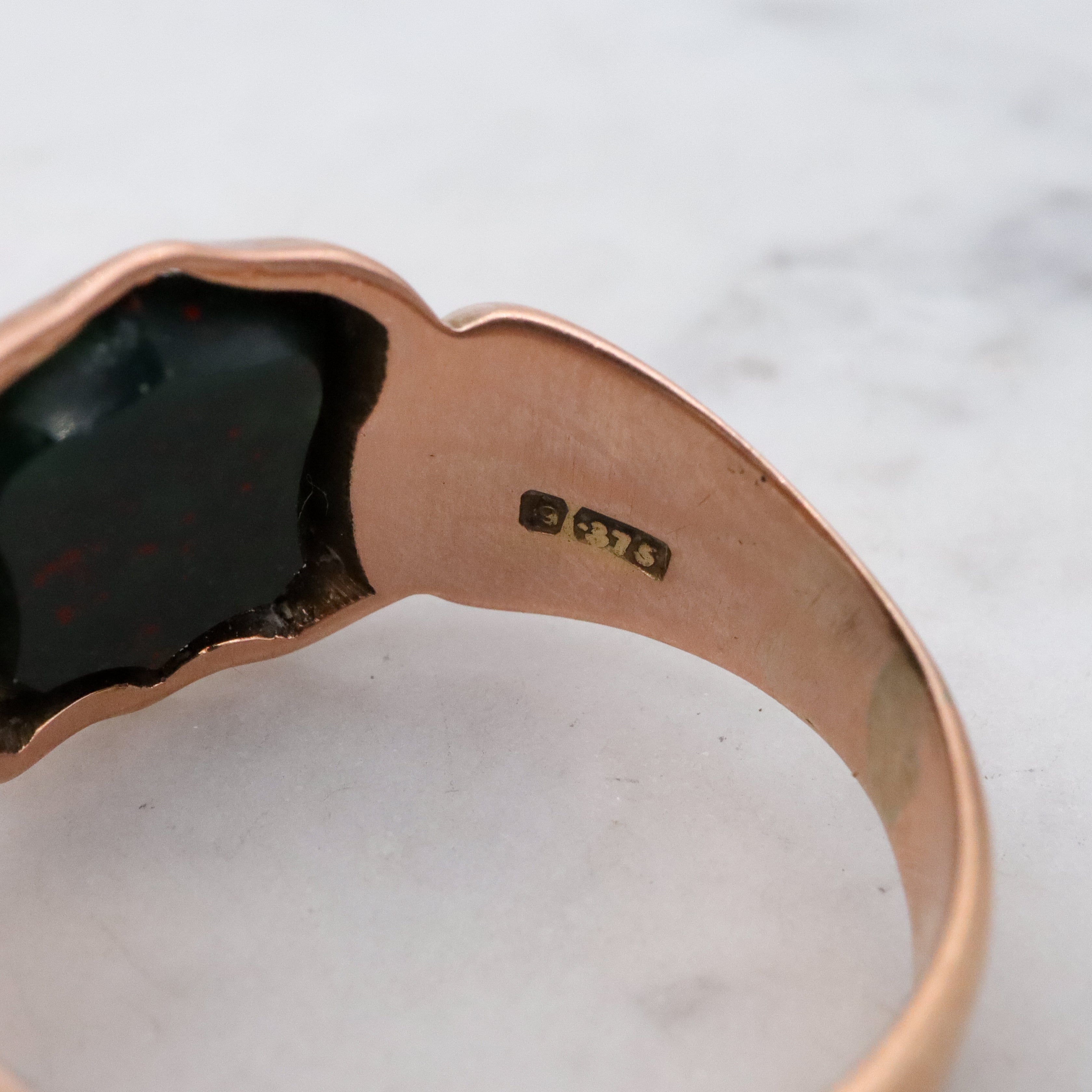 Antique English 9k rose gold bloodstone signet ring, size 10