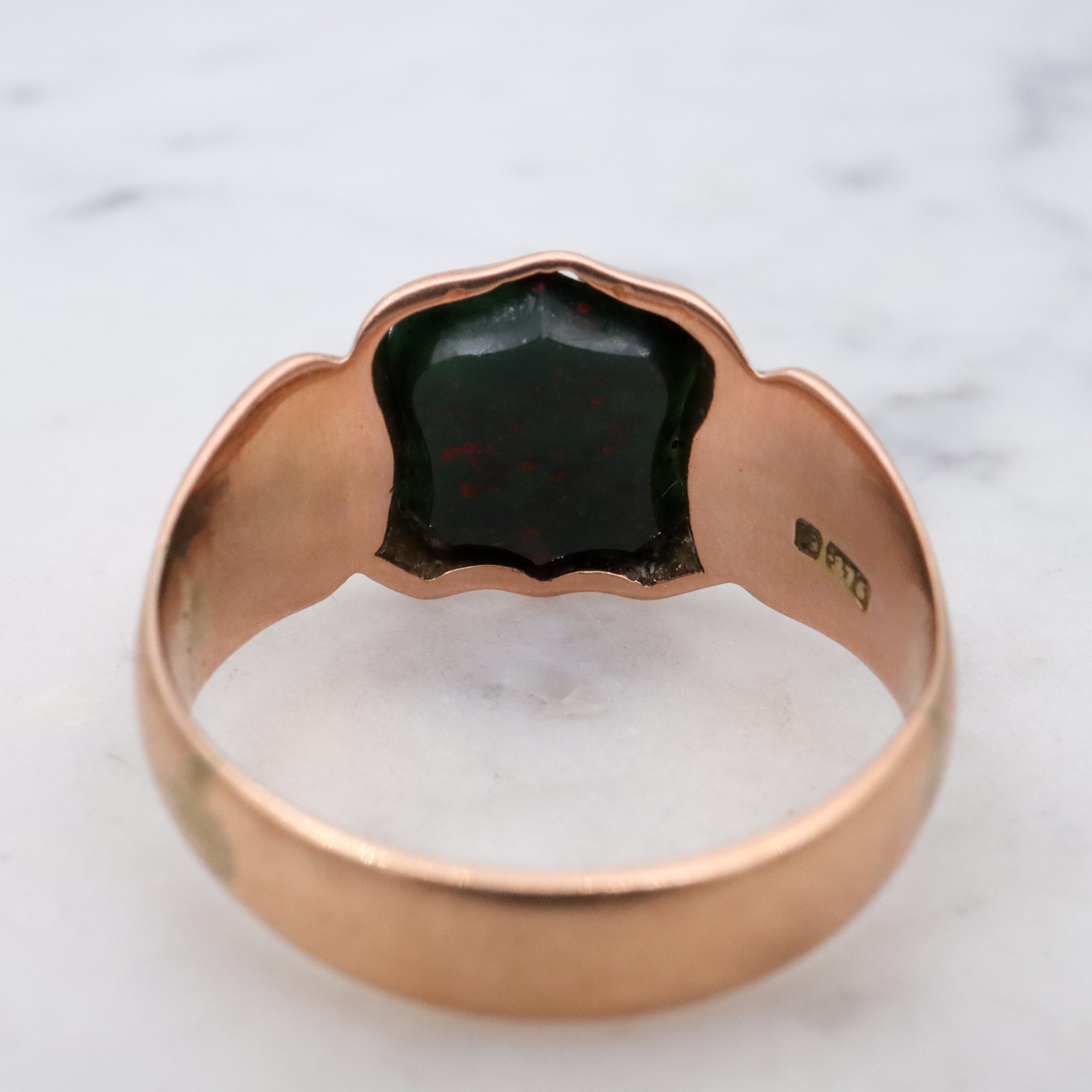 Antique English 9k rose gold bloodstone signet ring, size 10