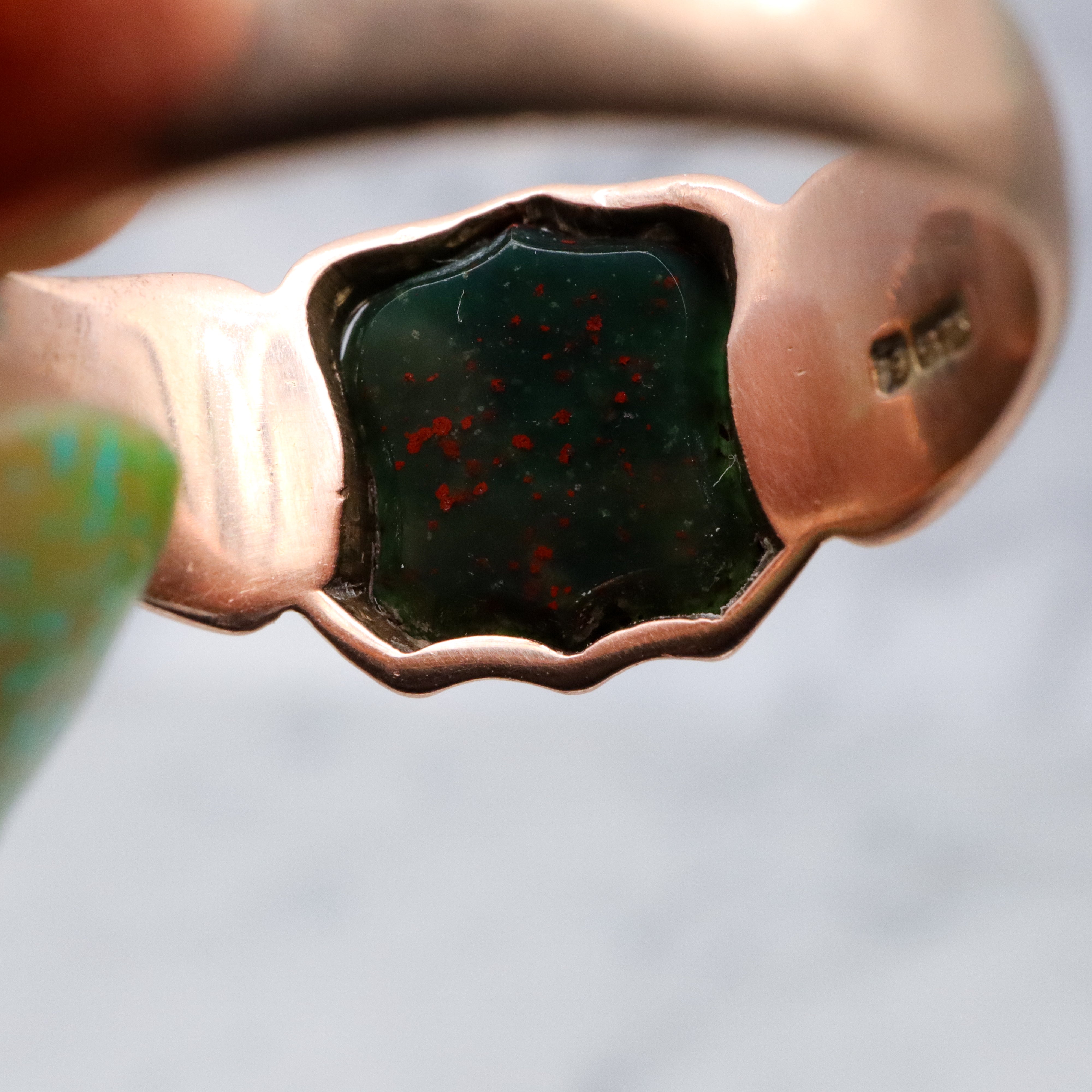 Antique English 9k rose gold bloodstone signet ring, size 10