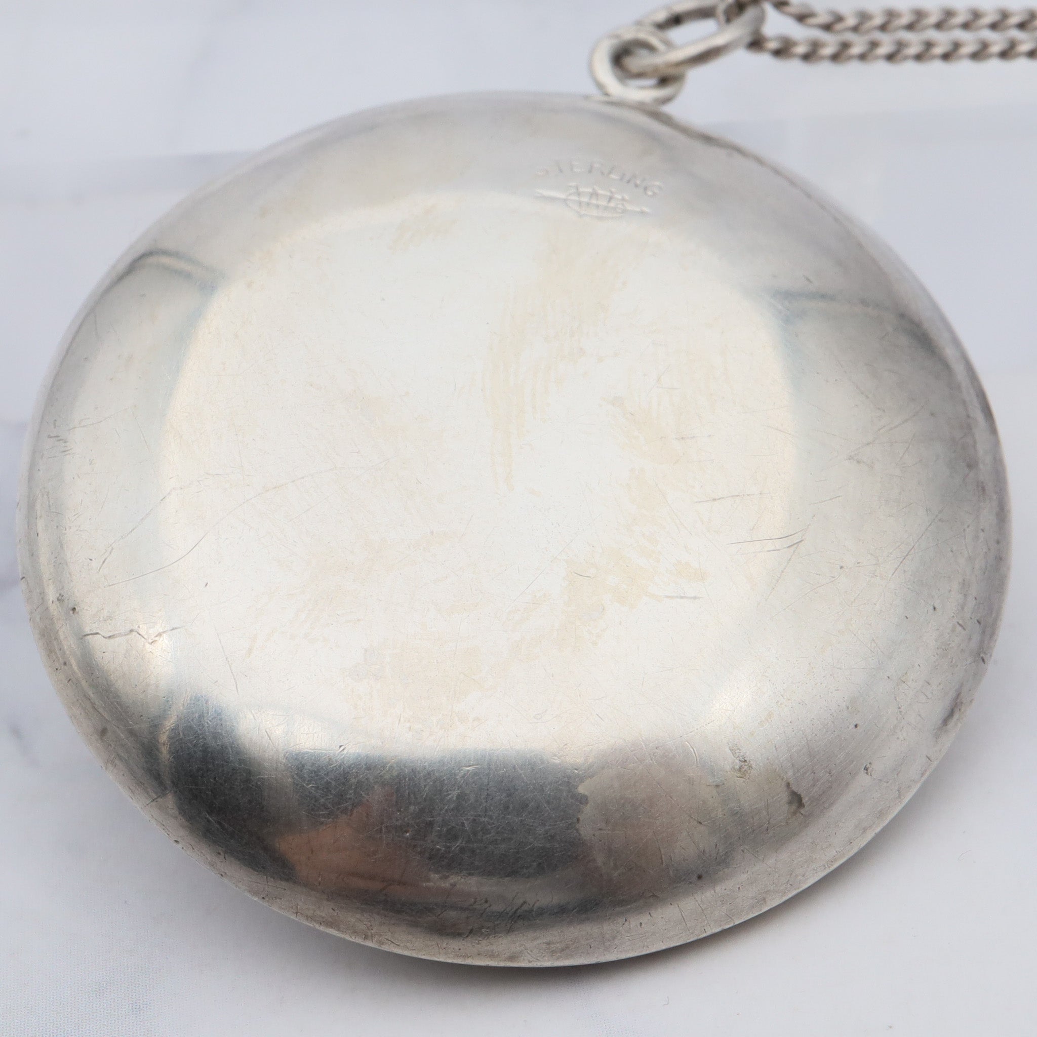 Antique Webster sterling compact/ pill box pendant with mirror necklace, 15”