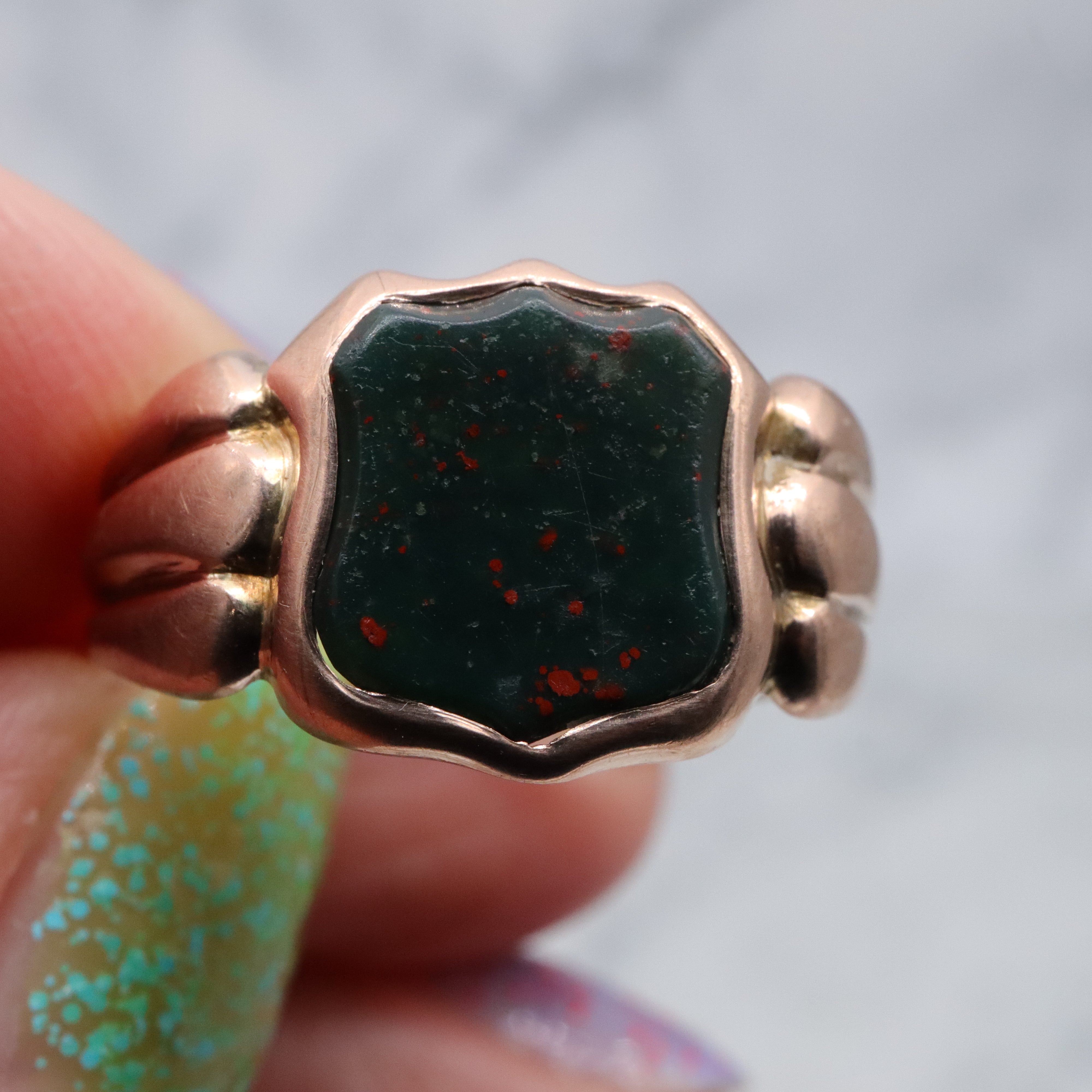 Antique English 9k rose gold bloodstone signet ring, size 10