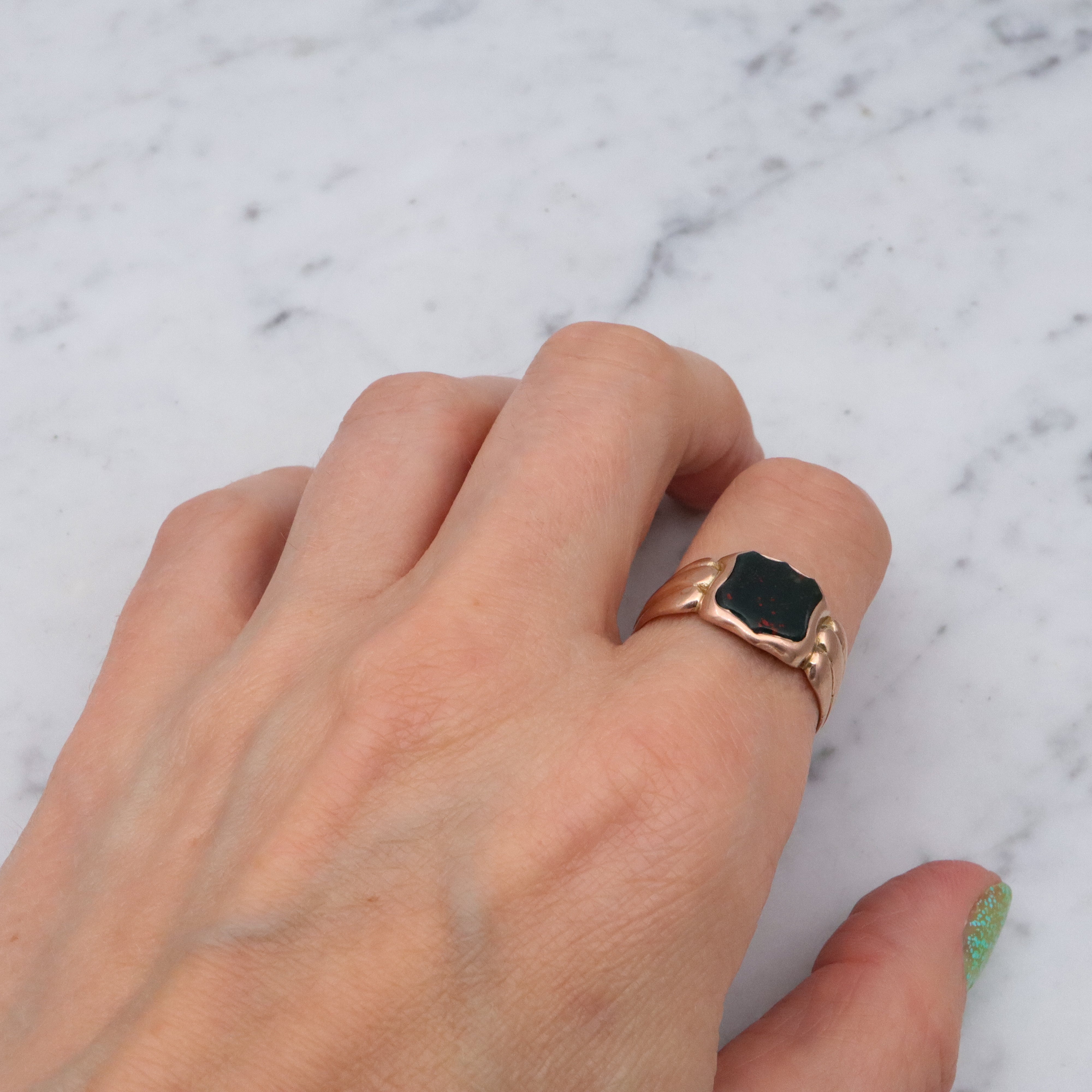 Antique English 9k rose gold bloodstone signet ring, size 10