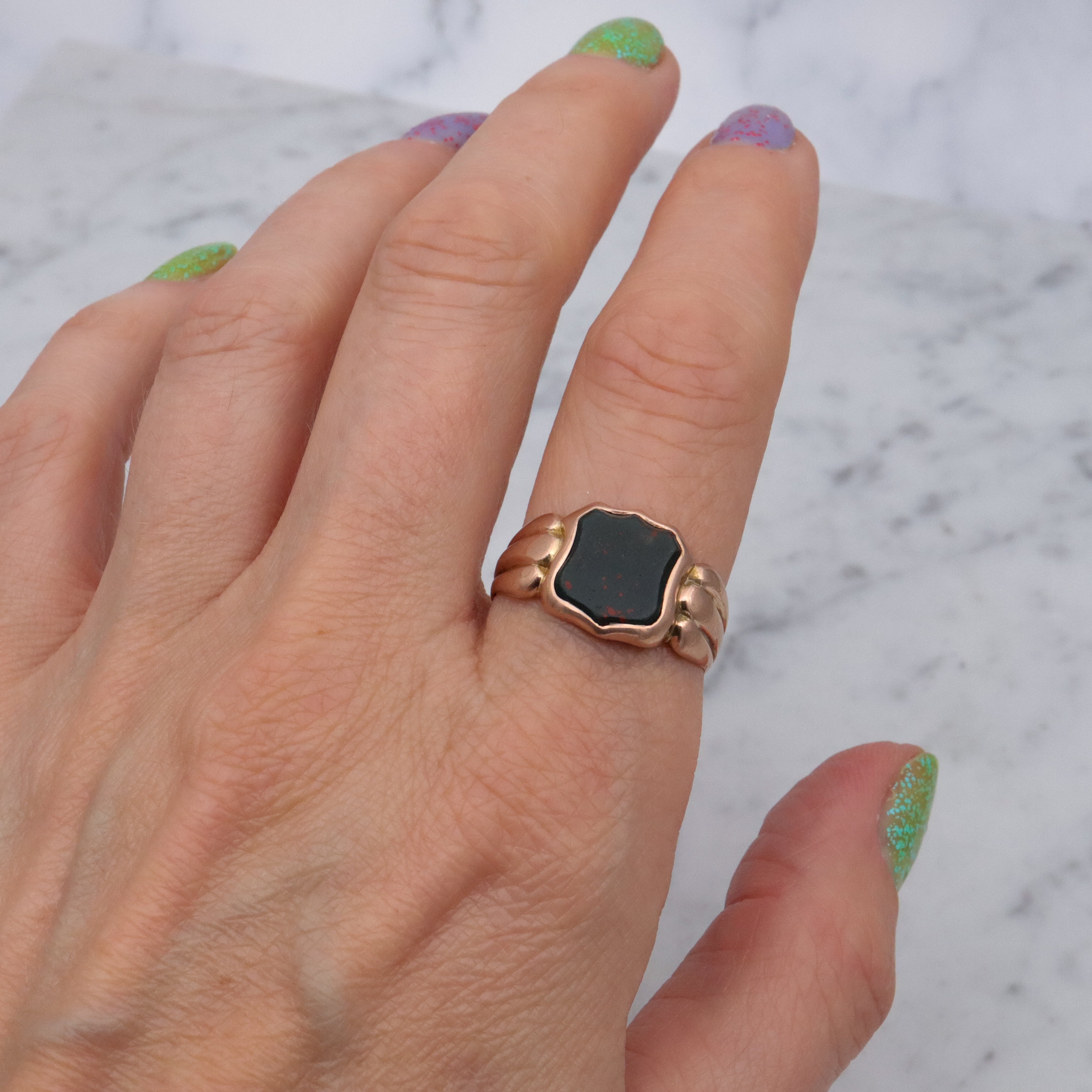 Antique English 9k rose gold bloodstone signet ring, size 10