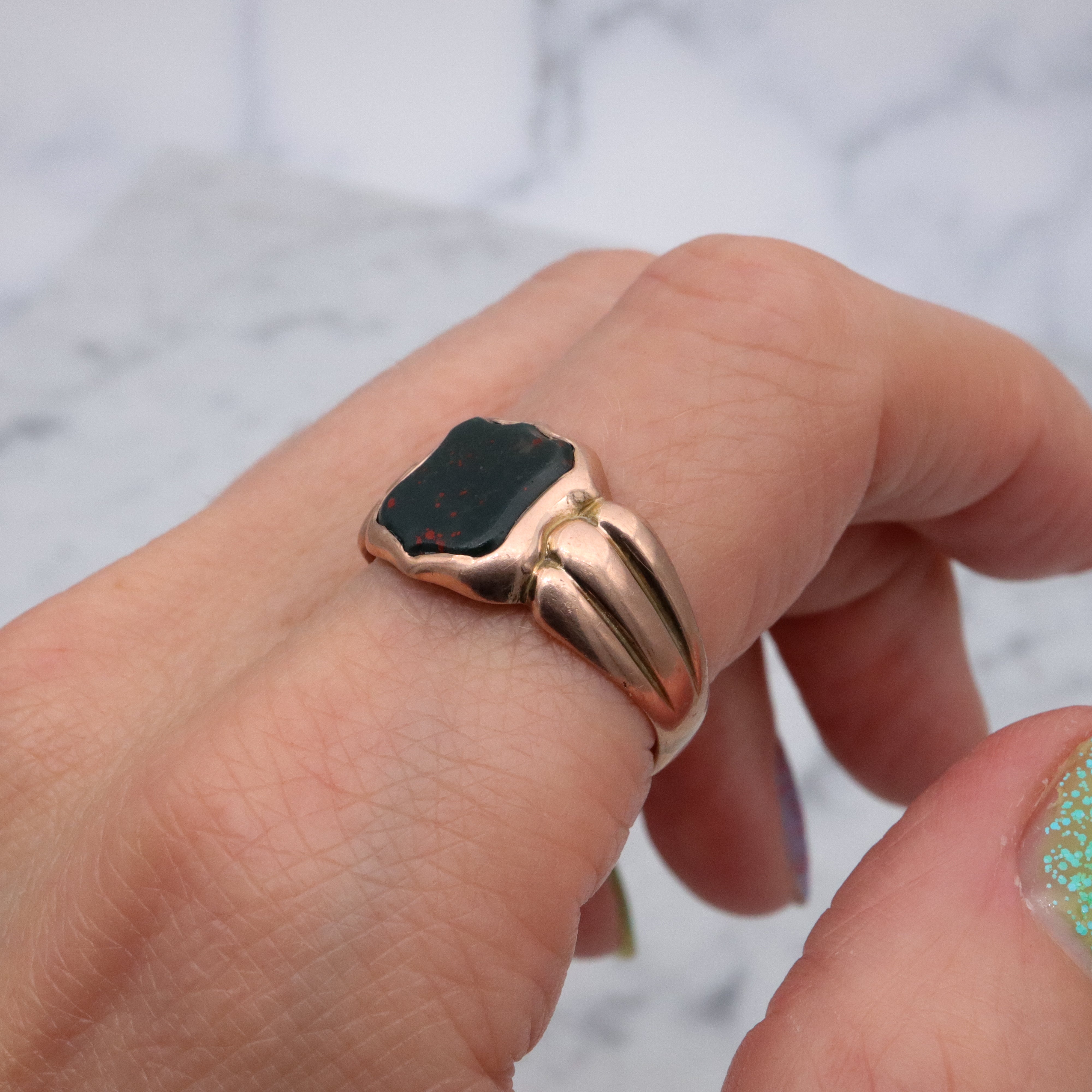 Antique English 9k rose gold bloodstone signet ring, size 10