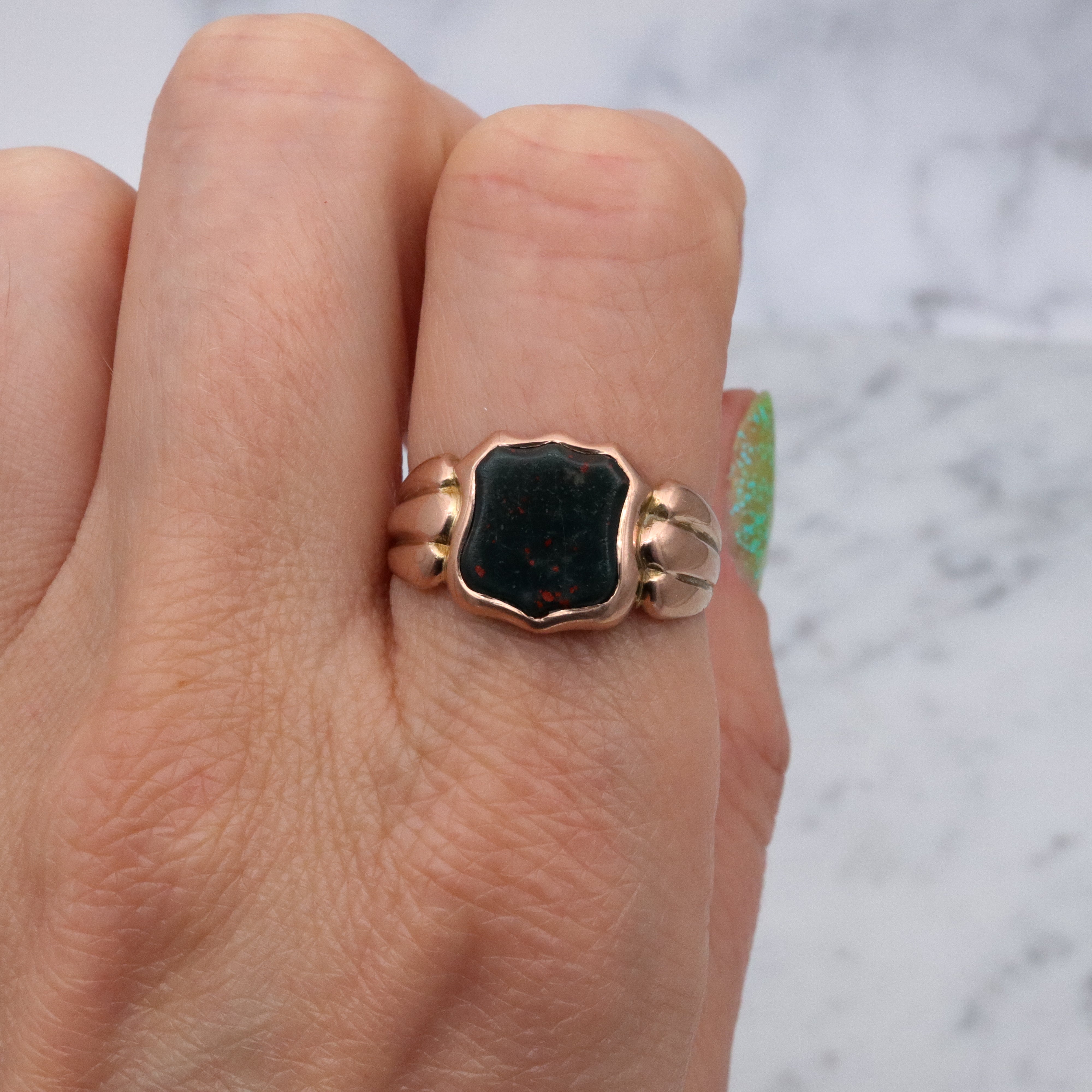 Antique English 9k rose gold bloodstone signet ring, size 10