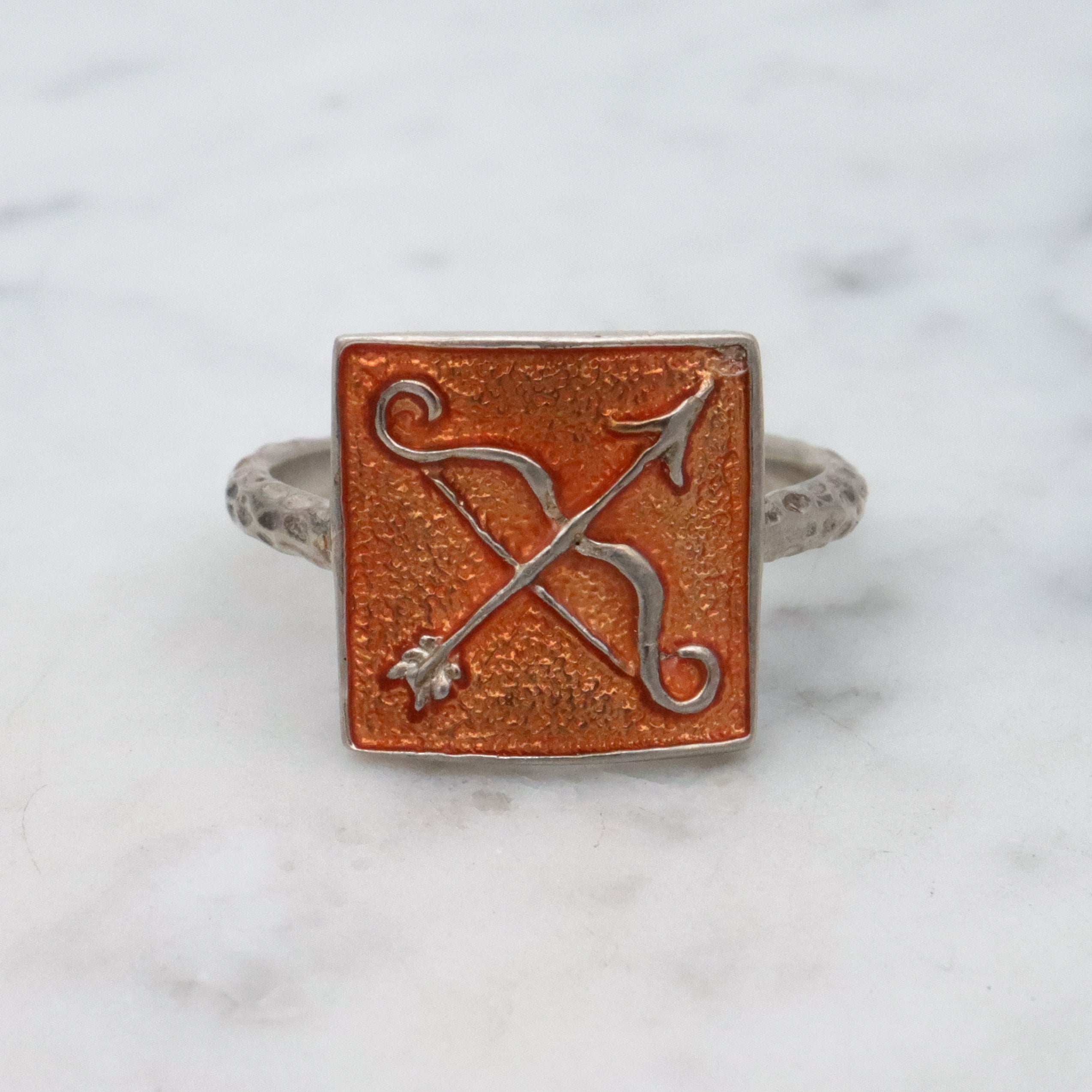 Retro enamel sterling Sagittarius block ring, sz 8